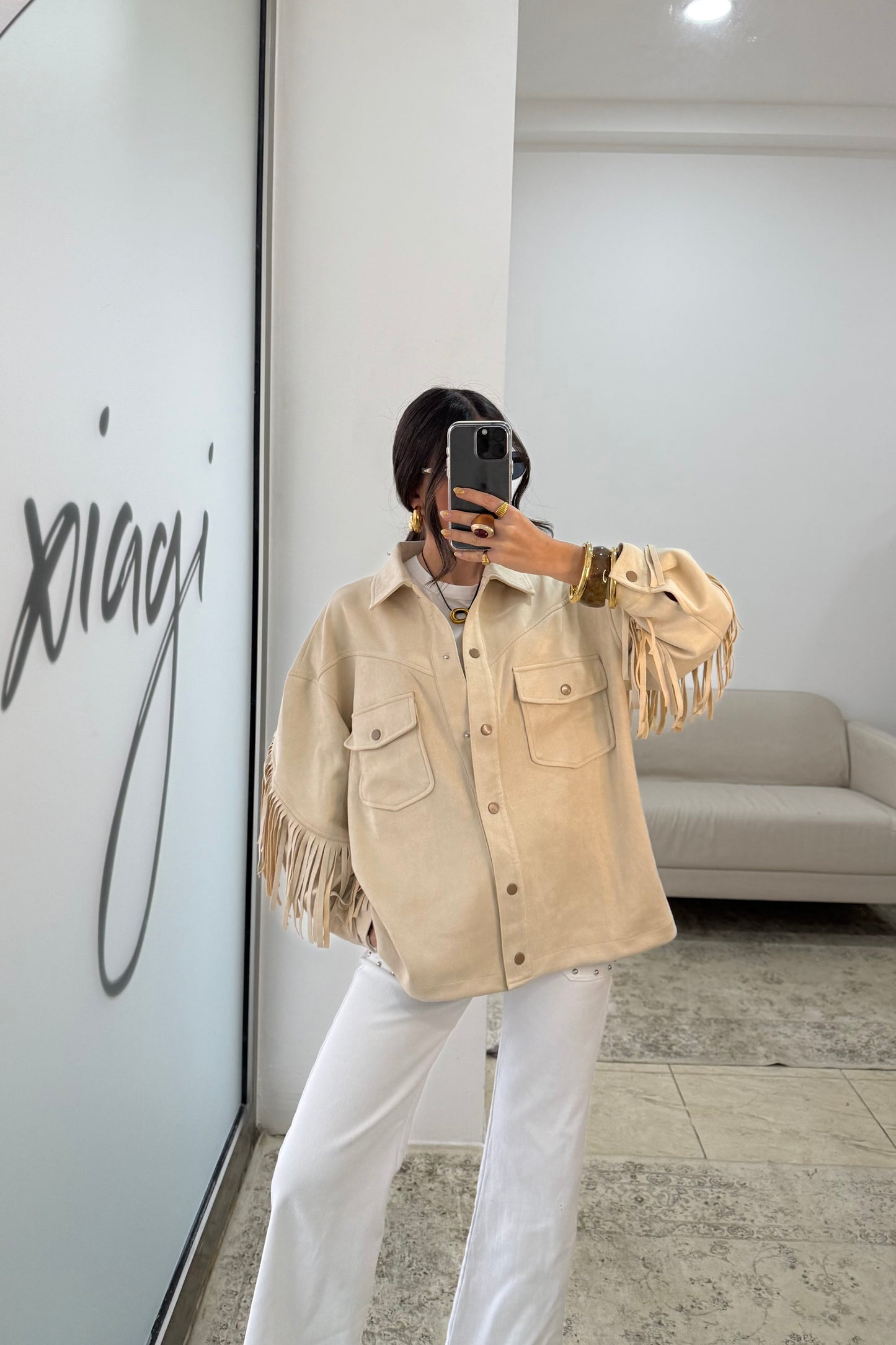 Fringed Suede-Effect Jacket in Off-White
