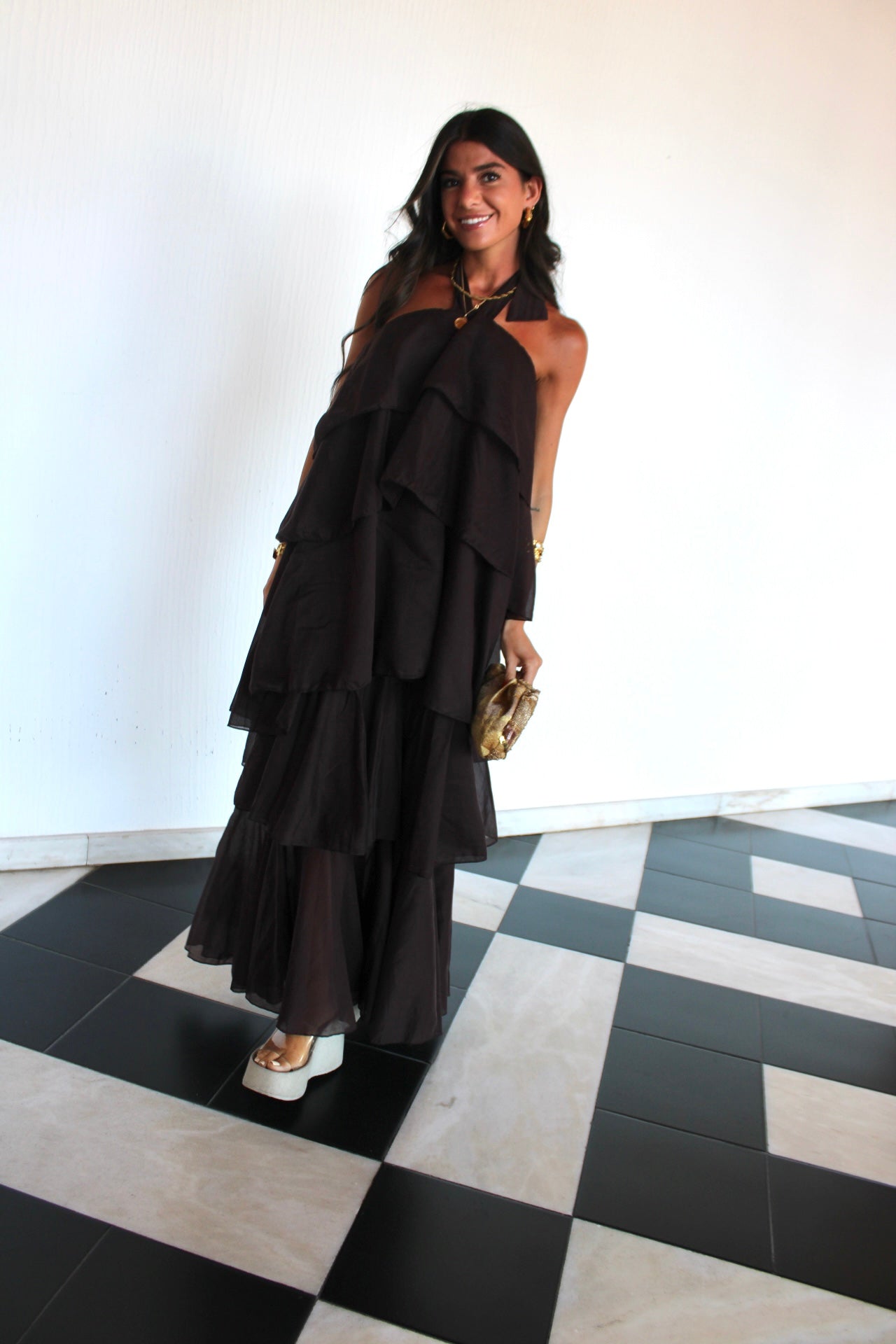 Brown Ruffled Maxi Dress