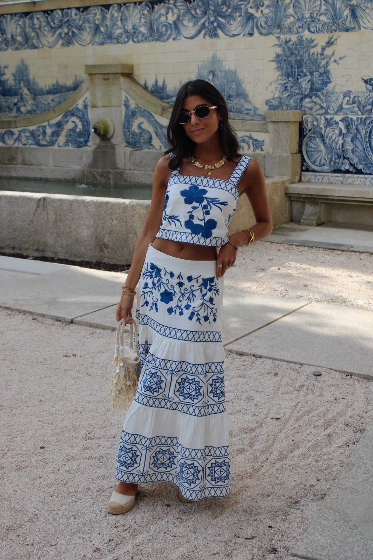 Skirt and Top Set with Electric Blue Embroidery