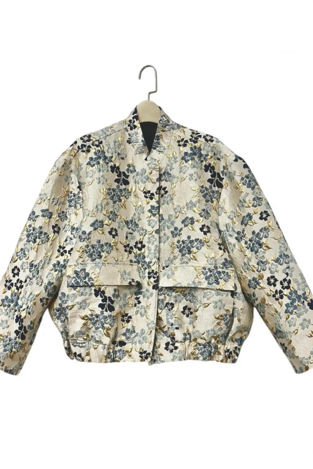 Blue Floral Bomber Jacket with Gold Accents