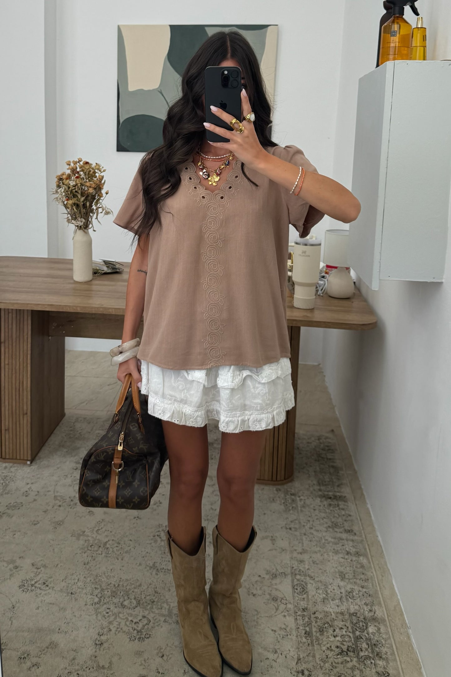 T-shirt with Embroidered Details in Taupe