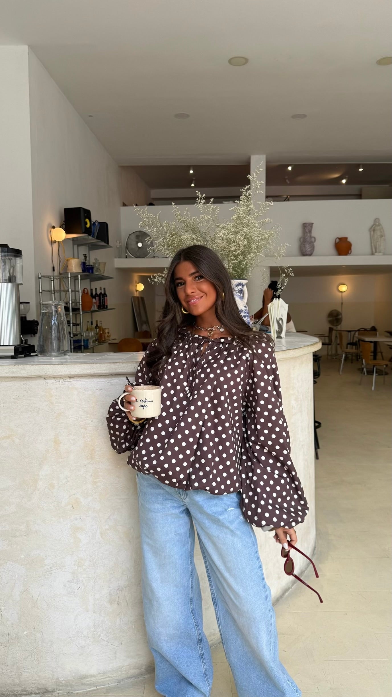 Polka Dot Balloon Blouse in Brown