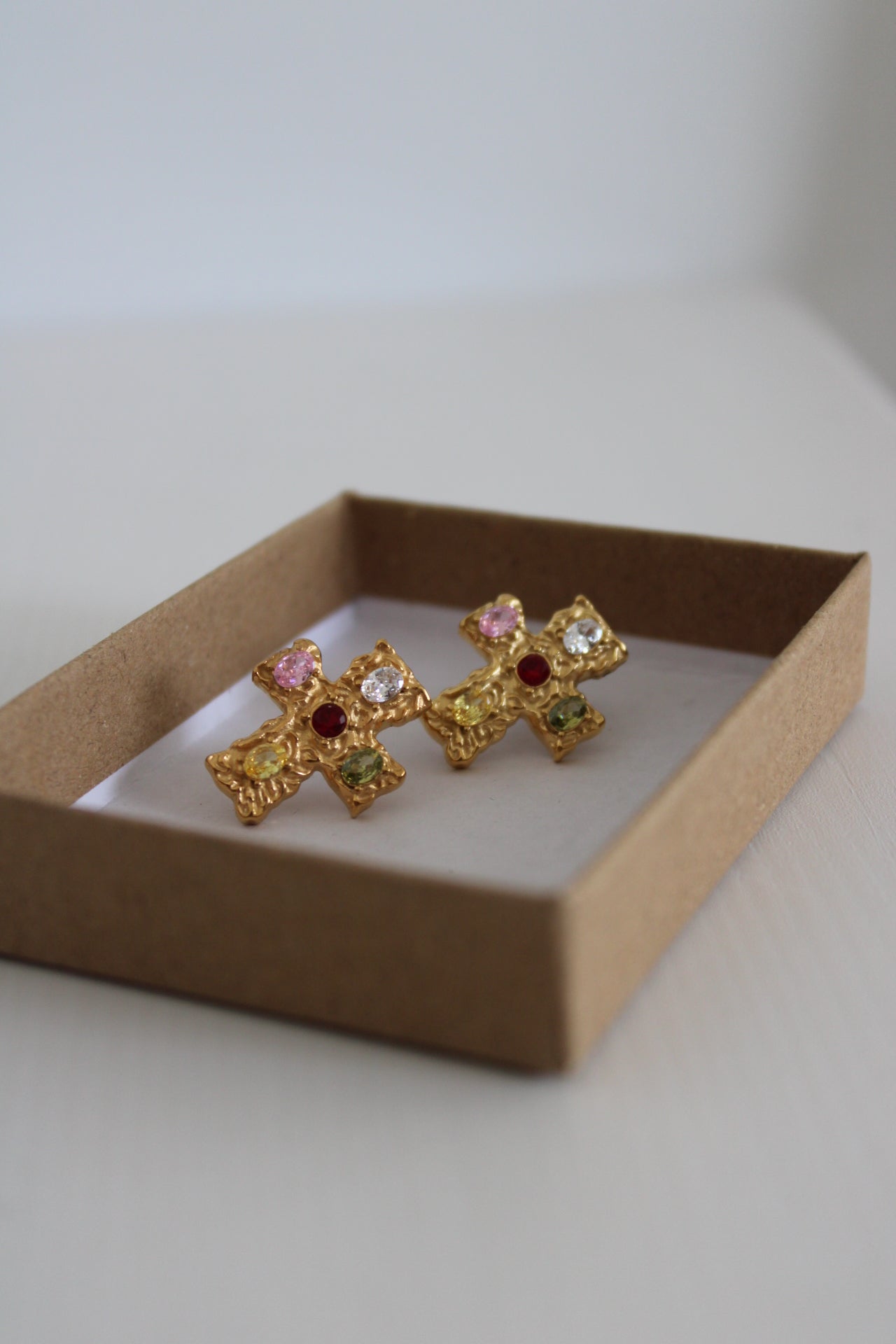 Cross Earrings with Hammered Finish and Zirconia