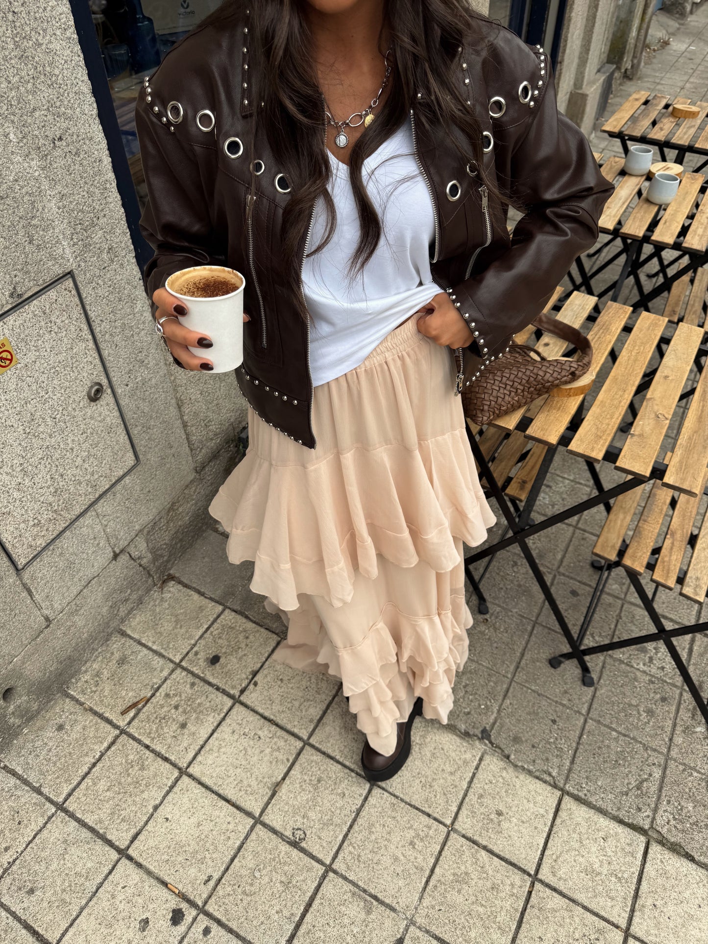 Tiered Ruffle Maxi Skirt in Nude