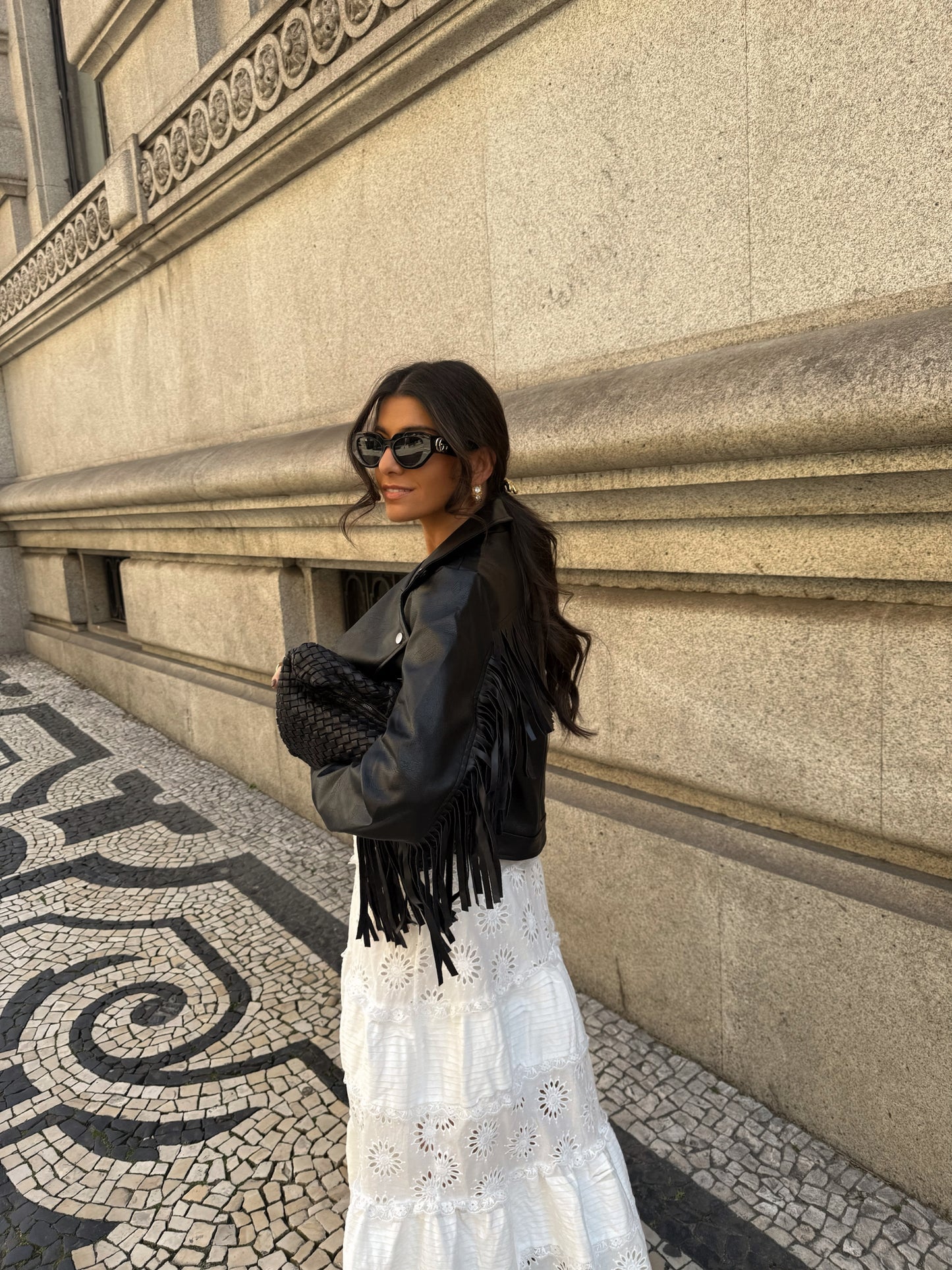 Biker Jacket with Faux Leather Fringe