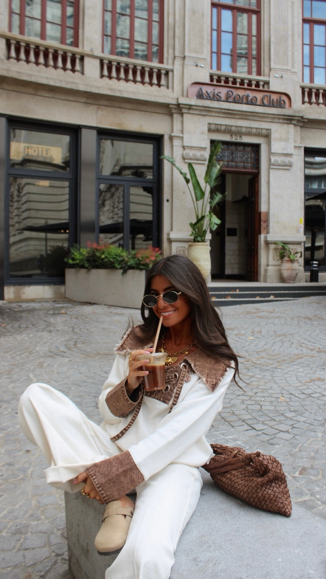 Lace-Up Knit & Denim Contrast Sweater in White & Brown