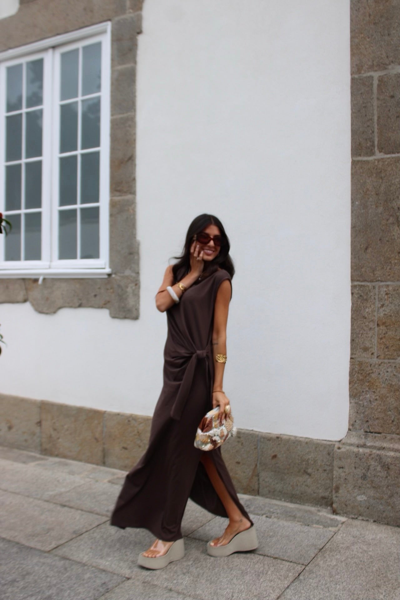 Long Dress with Side Knot in Brown
