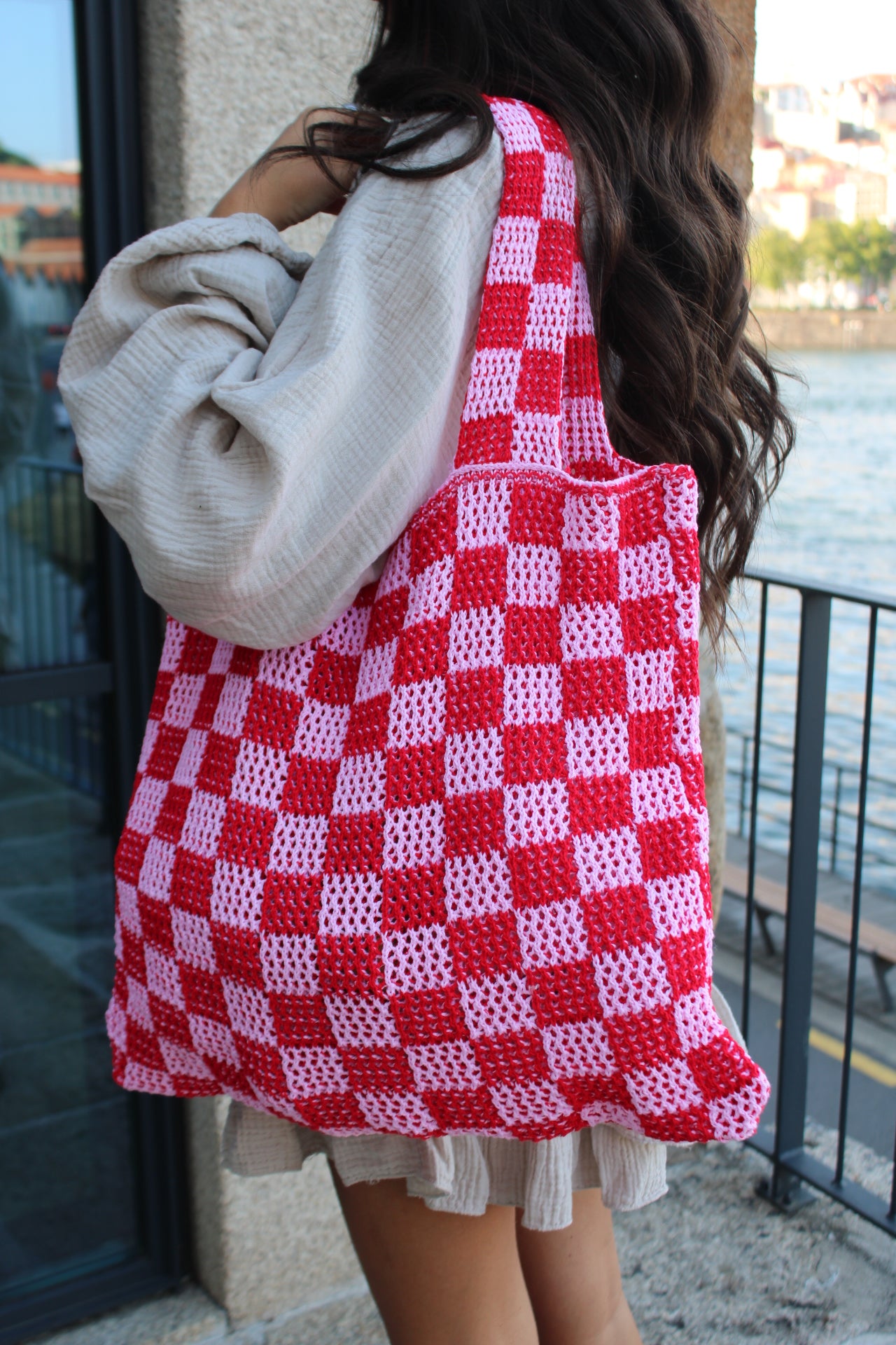 Crochet Bag In Red & Soft Pink