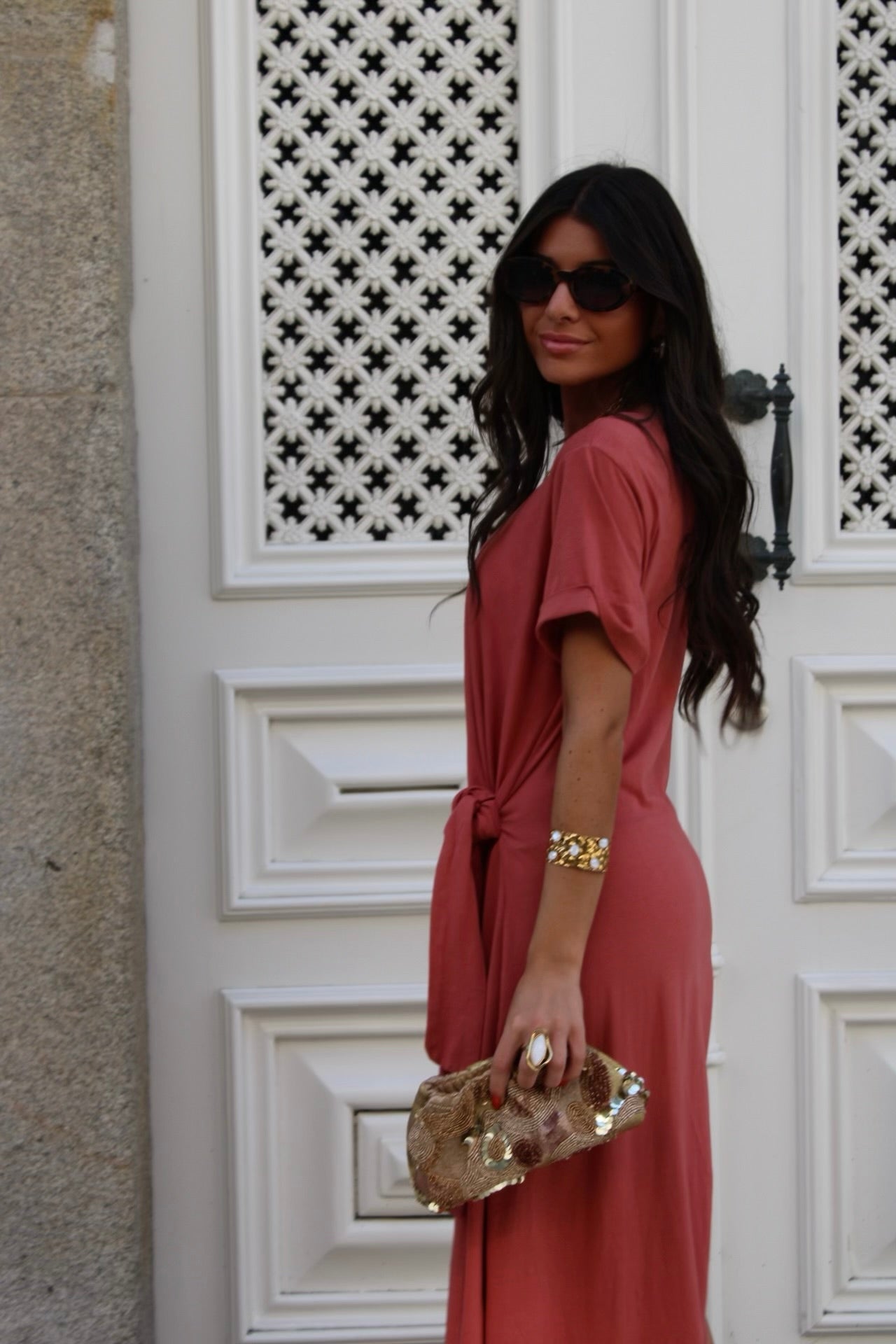 Long Dress with Side Knot in Terracotta
