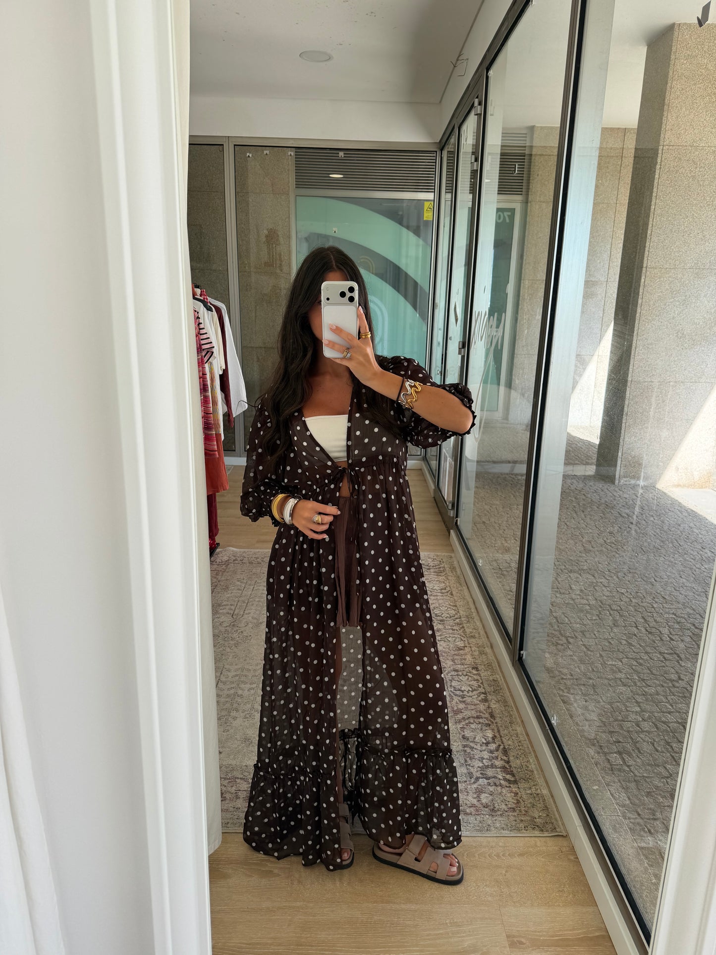 Polka Dot Sheer Maxi Kimono in Brown