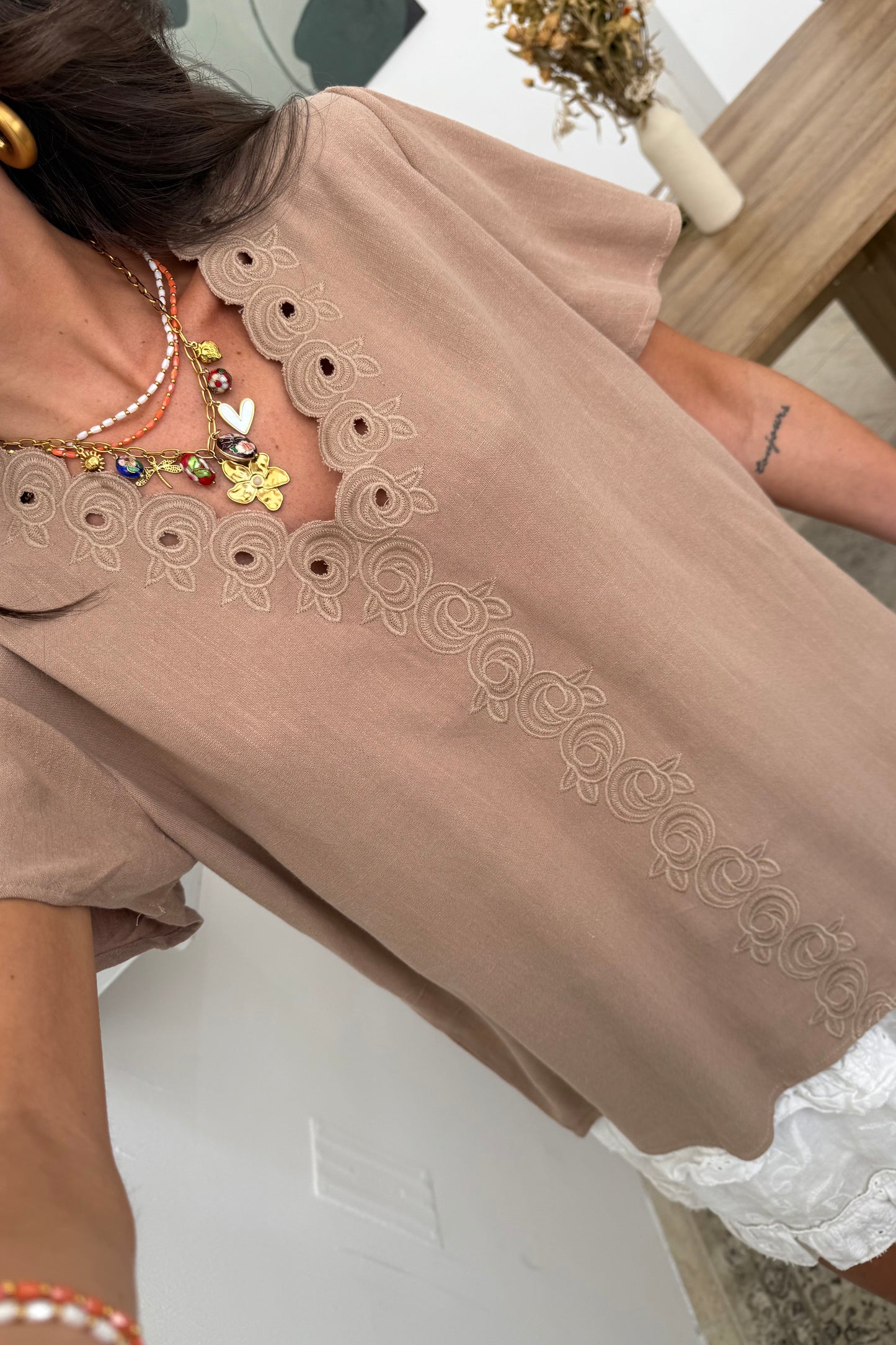 T-shirt with Embroidered Details in Taupe