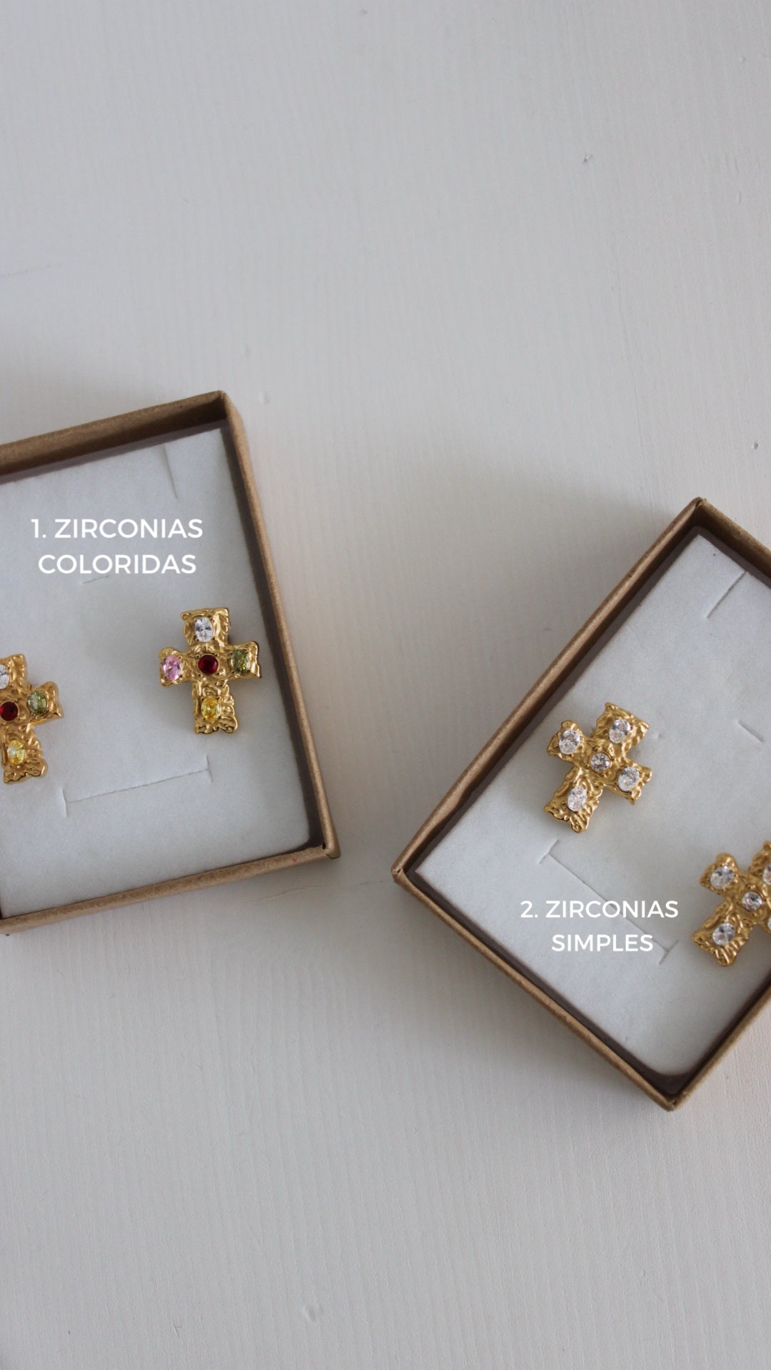 Cross Earrings with Hammered Finish and Zirconia