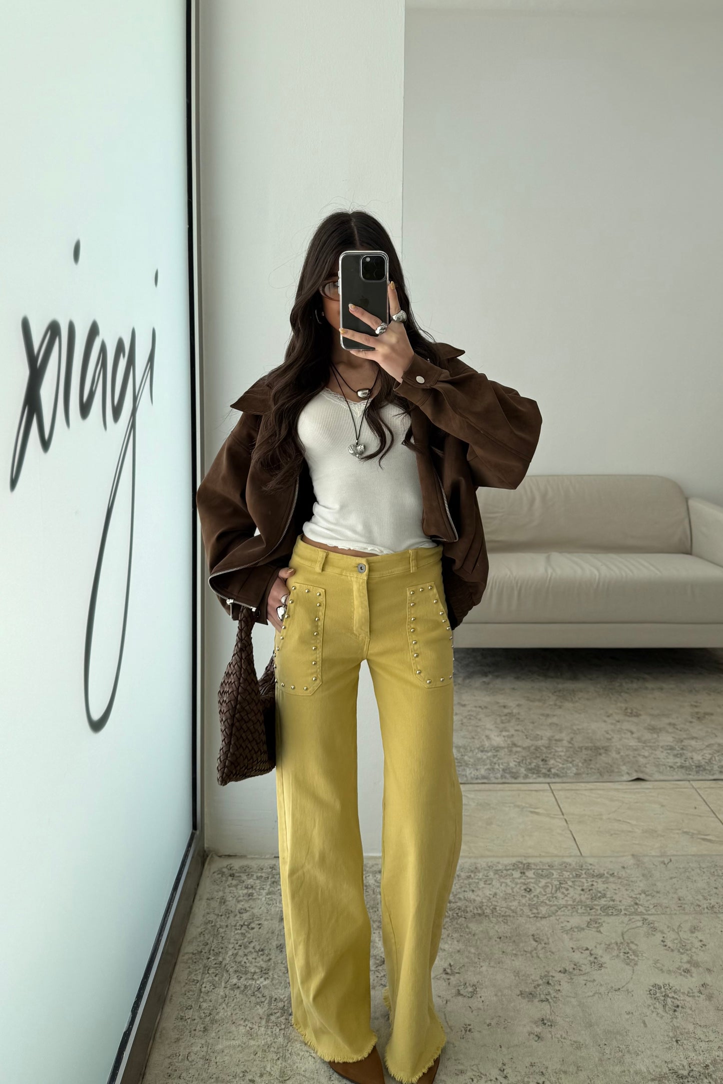 Yellow Jeans with Front Pockets and Studs