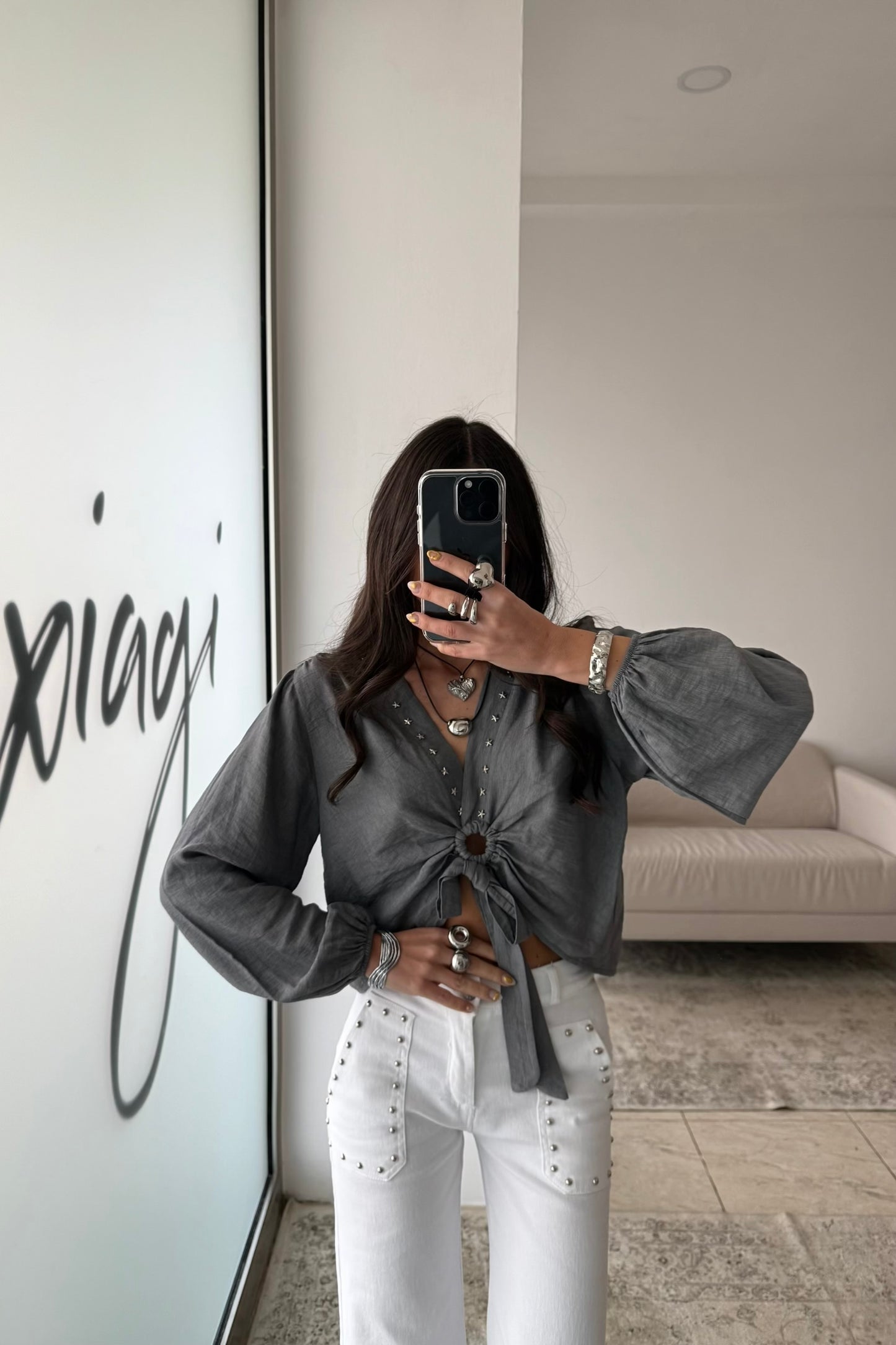 Cropped Top with Star Studs In Grey