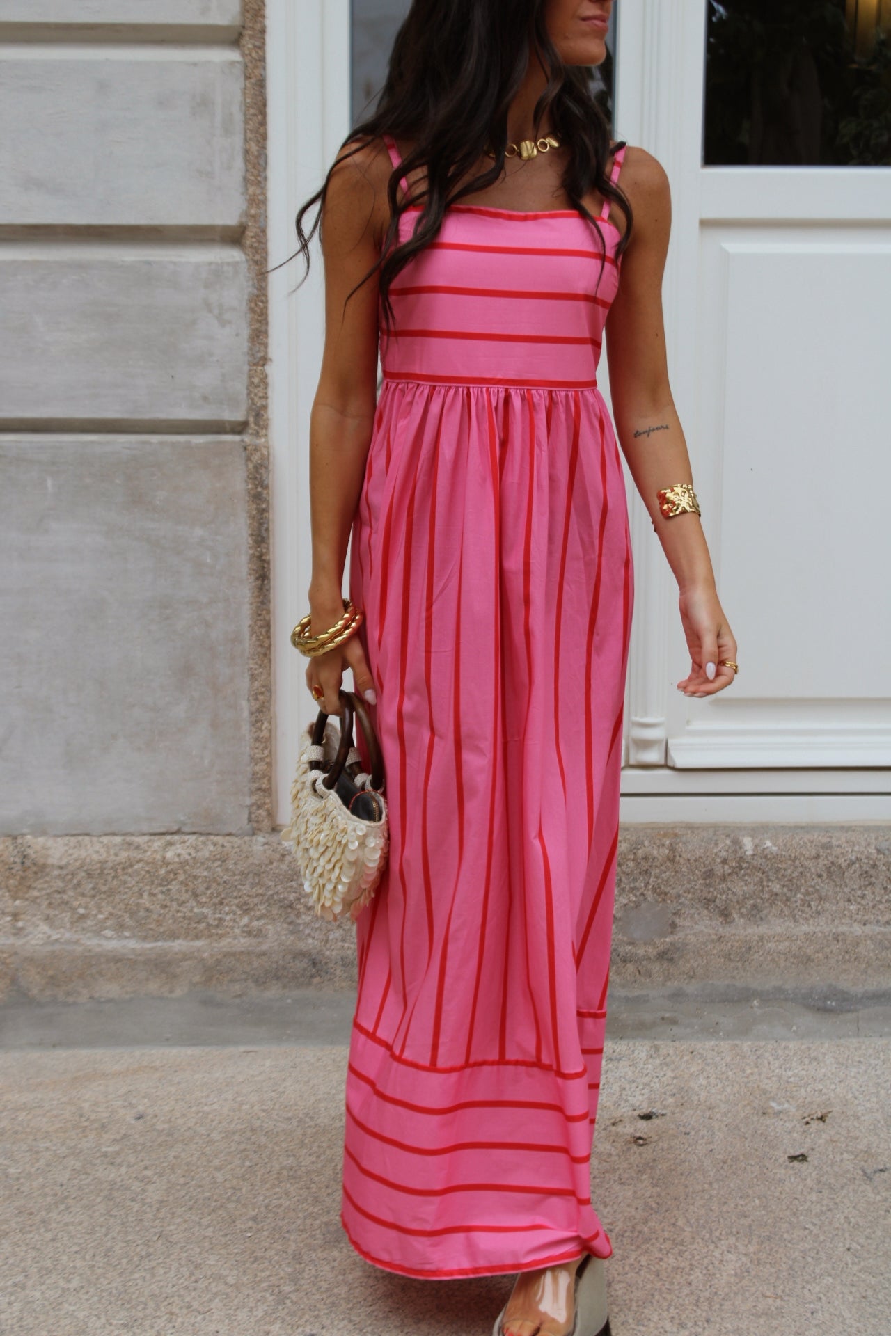Pink & Red Striped Maxi Dress