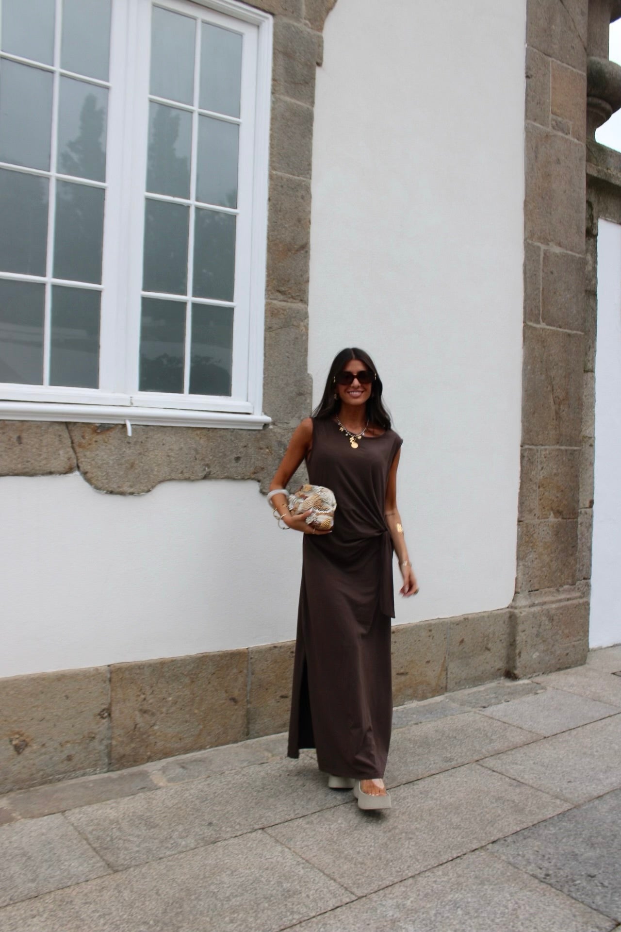 Long Dress with Side Knot in Brown
