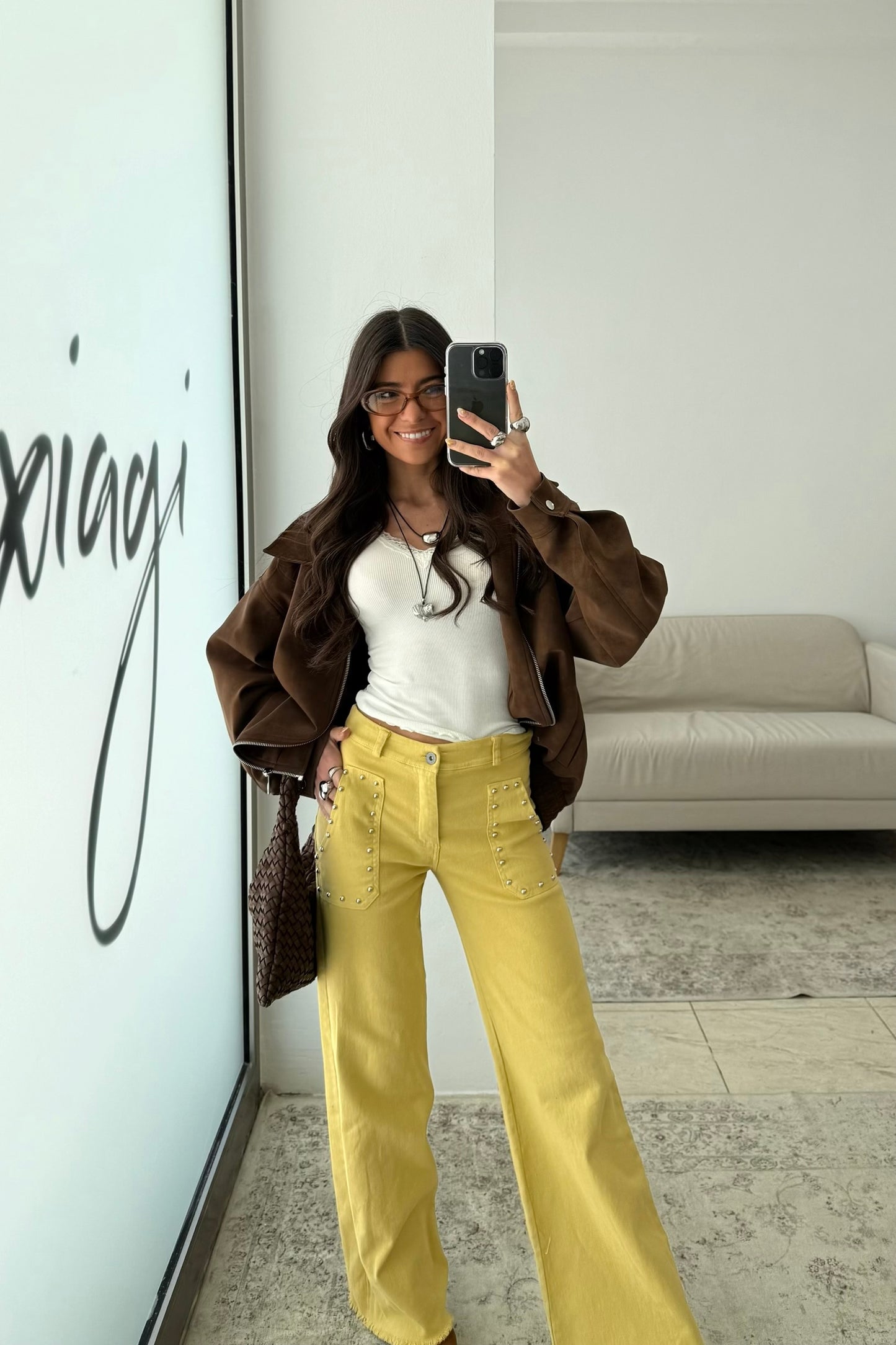 Yellow Jeans with Front Pockets and Studs