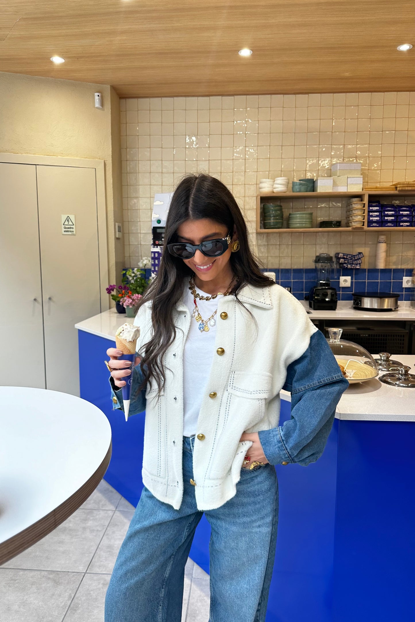 Double Knit Jacket with Denim Sleeves