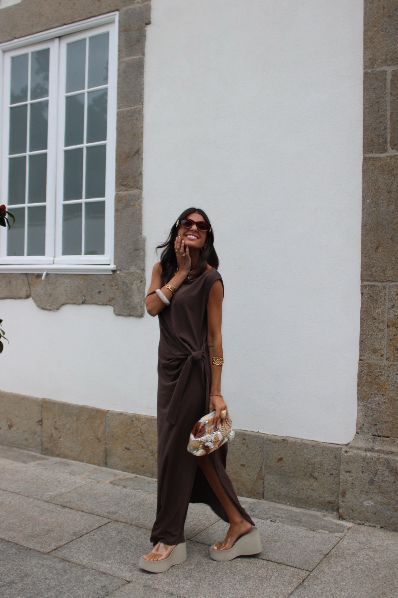Long Dress with Side Knot in Brown
