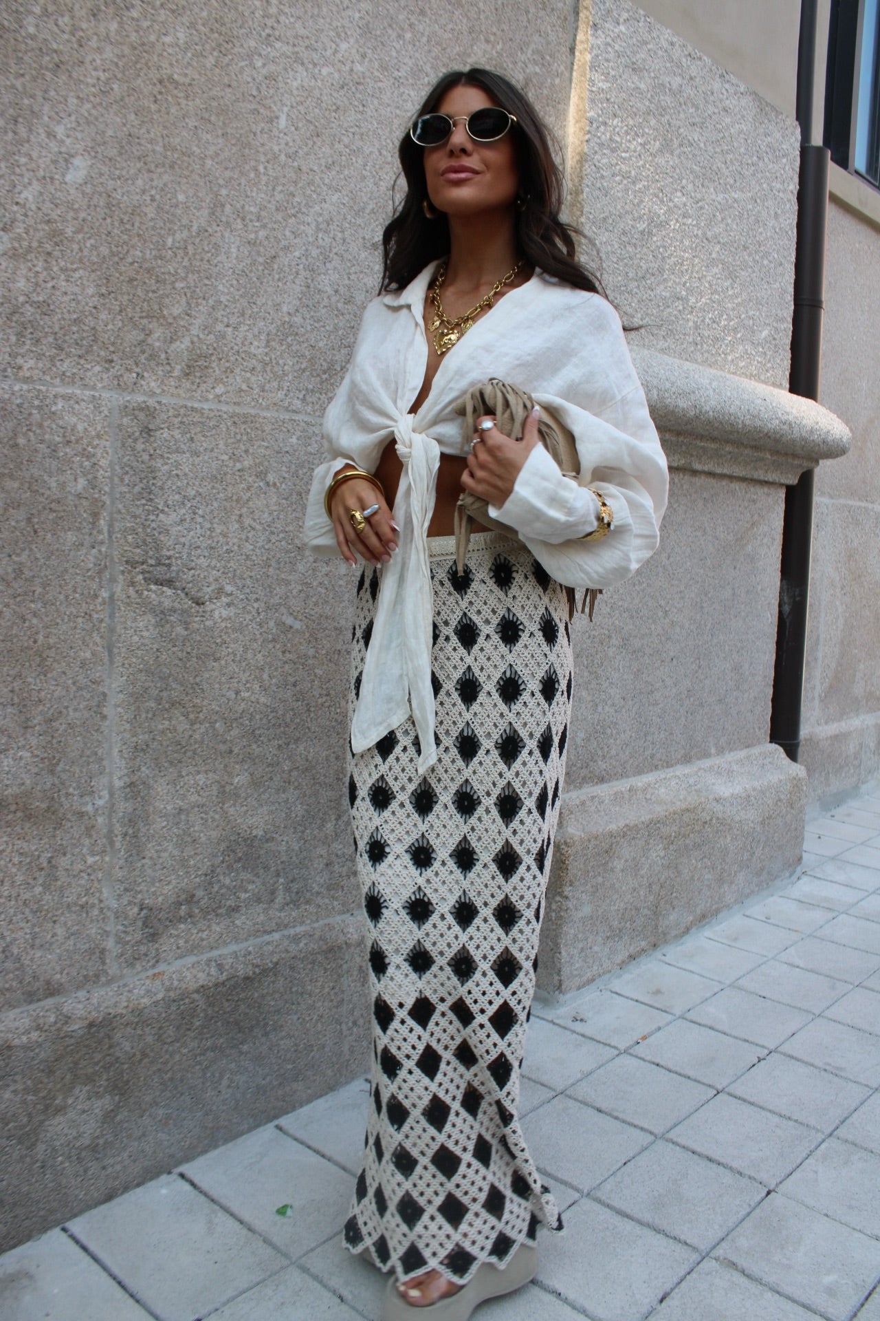 Two-Tone Crochet Maxi Skirt: Beige and Black