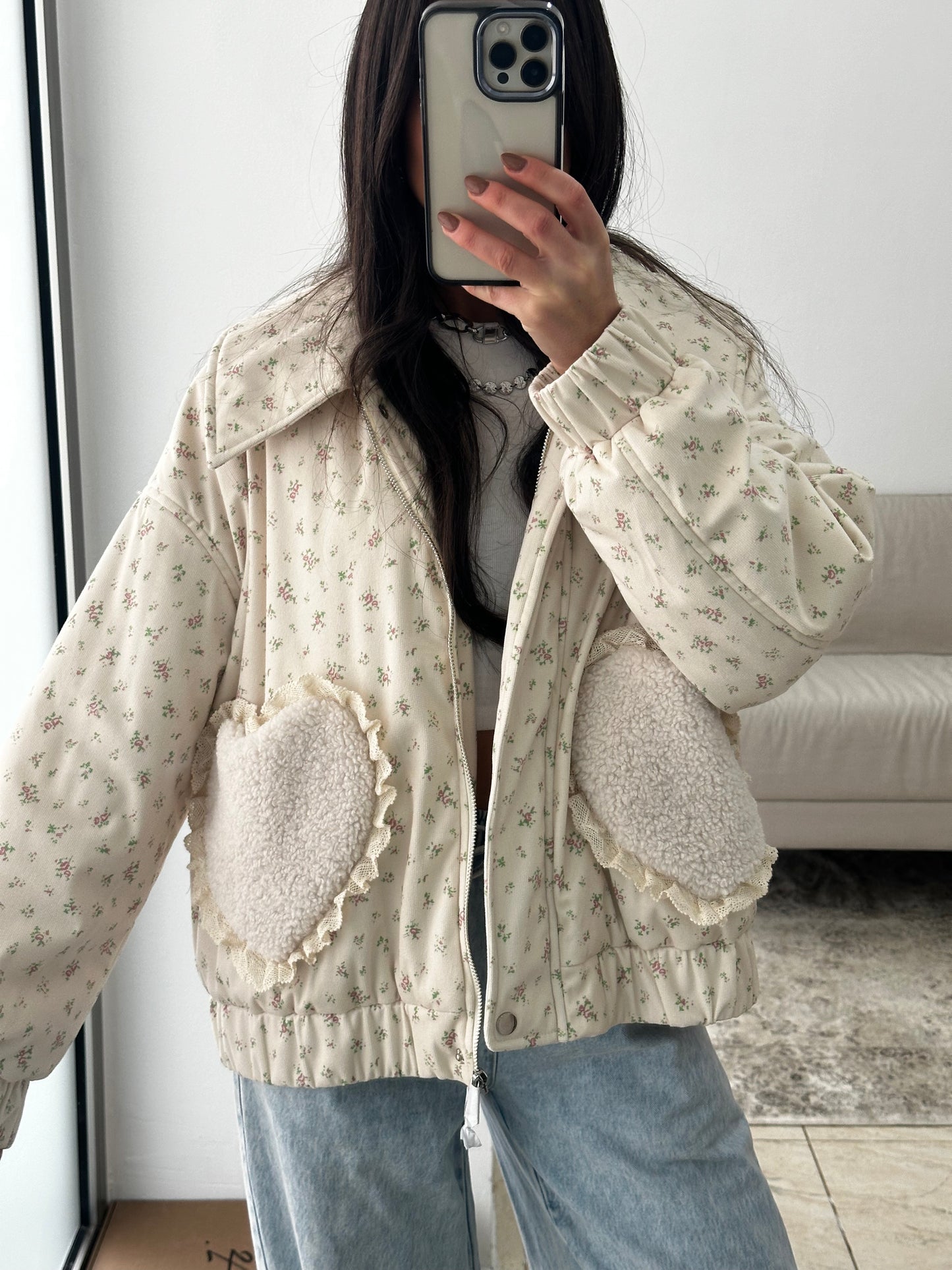 Floral Quilted Jacket with Fur Effect Pockets