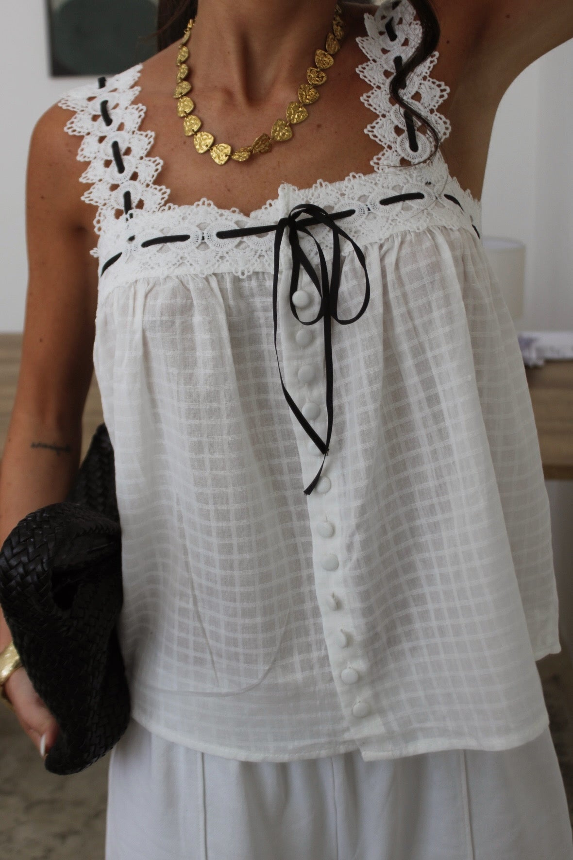 Embroidered Top With a Satin Bow
