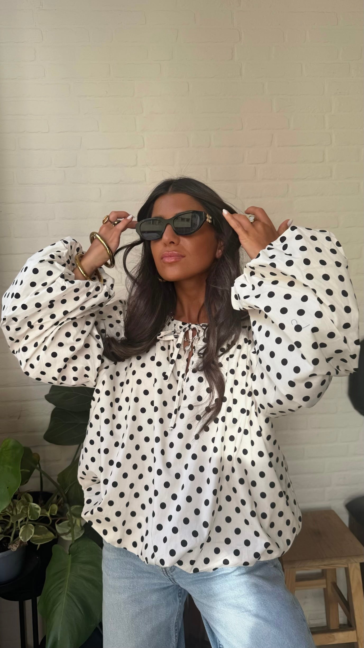 Polka Dot Balloon Blouse in White