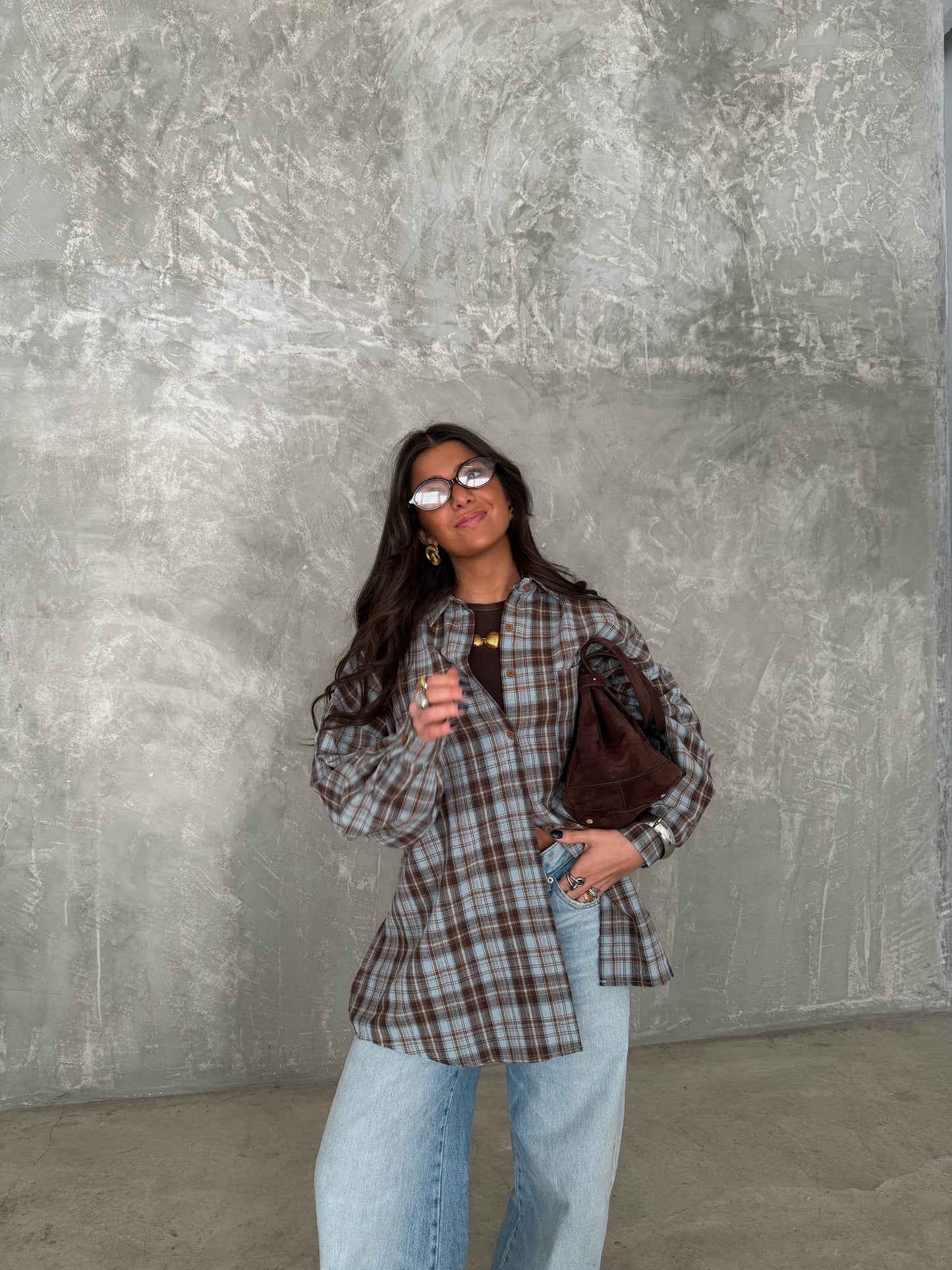 Plaid Shirt in Brown and Sky Blue Tones