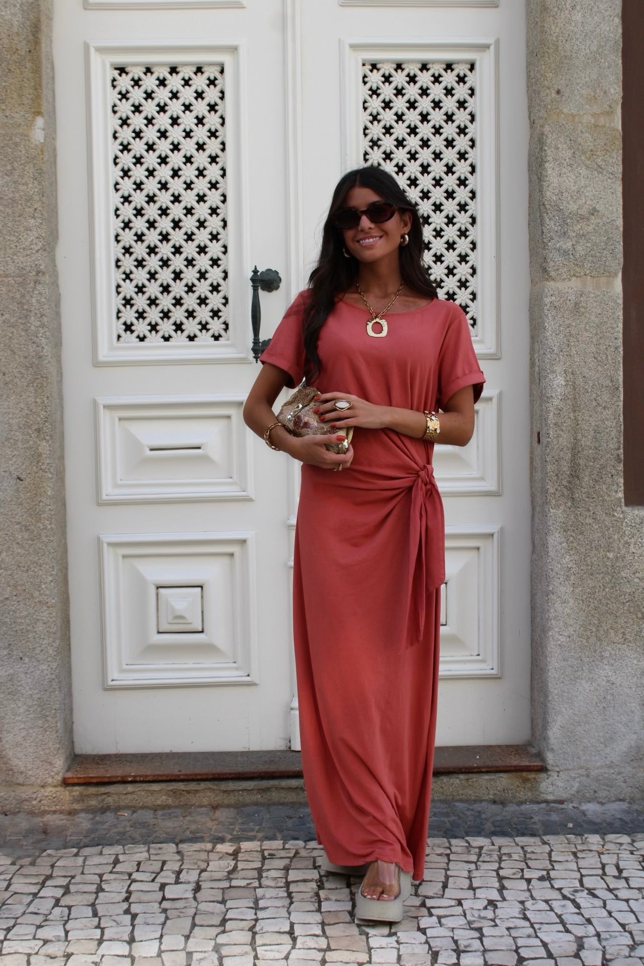 Long Dress with Side Knot in Terracotta