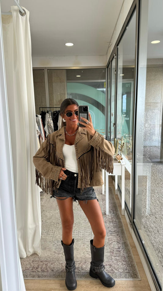 Suede-Effect Jacket with Fringe and Studded Details