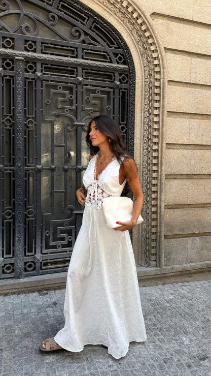 White Satin Lace Maxi Dress
