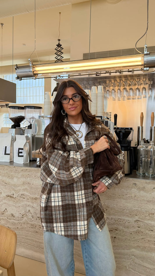 Coffee-Tone Plaid Overshirt