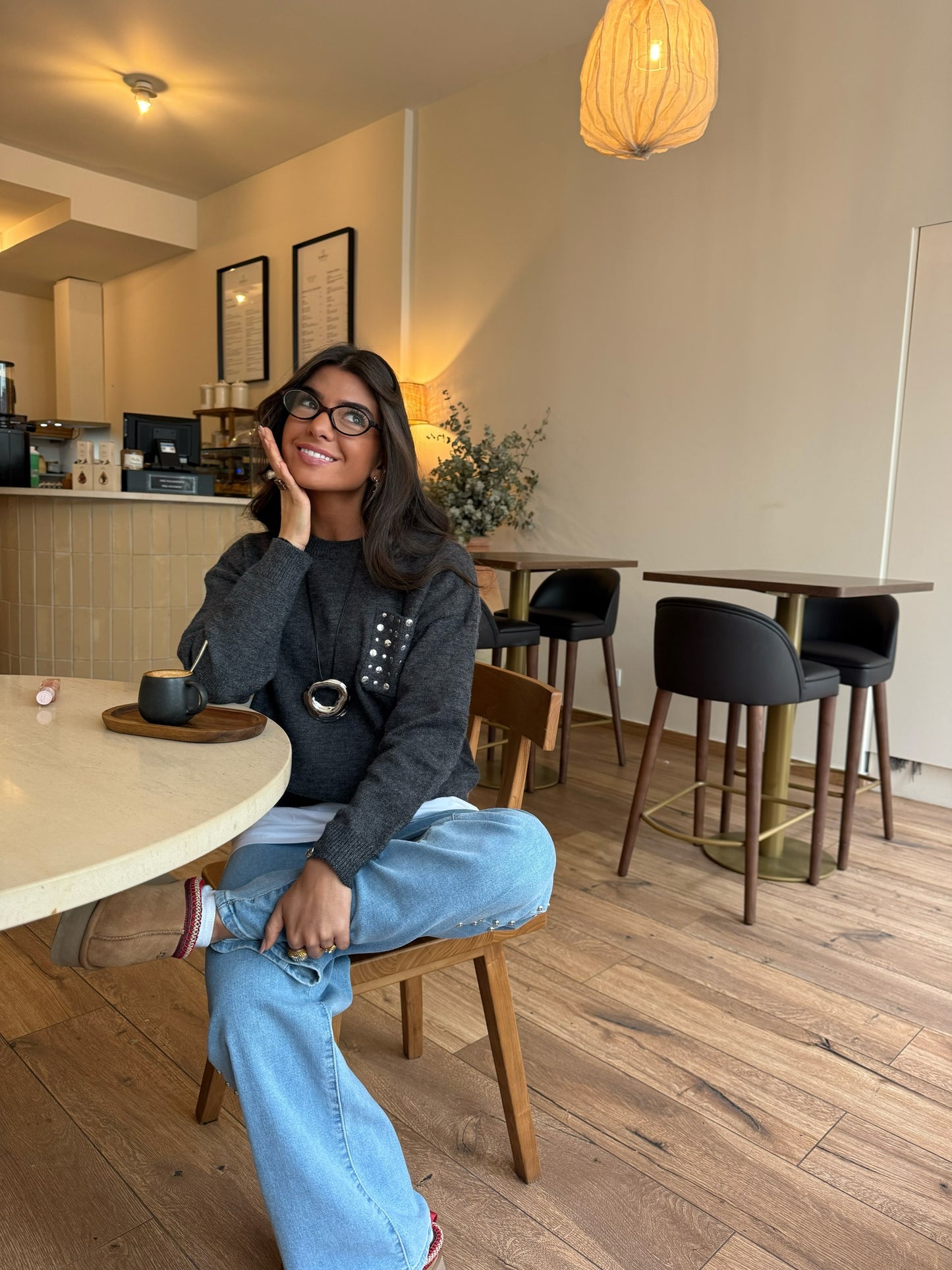 Dark Grey Stud-Detail Knit Sweater