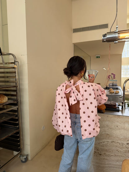 Pink Polka Dot Bow Back Blouse
