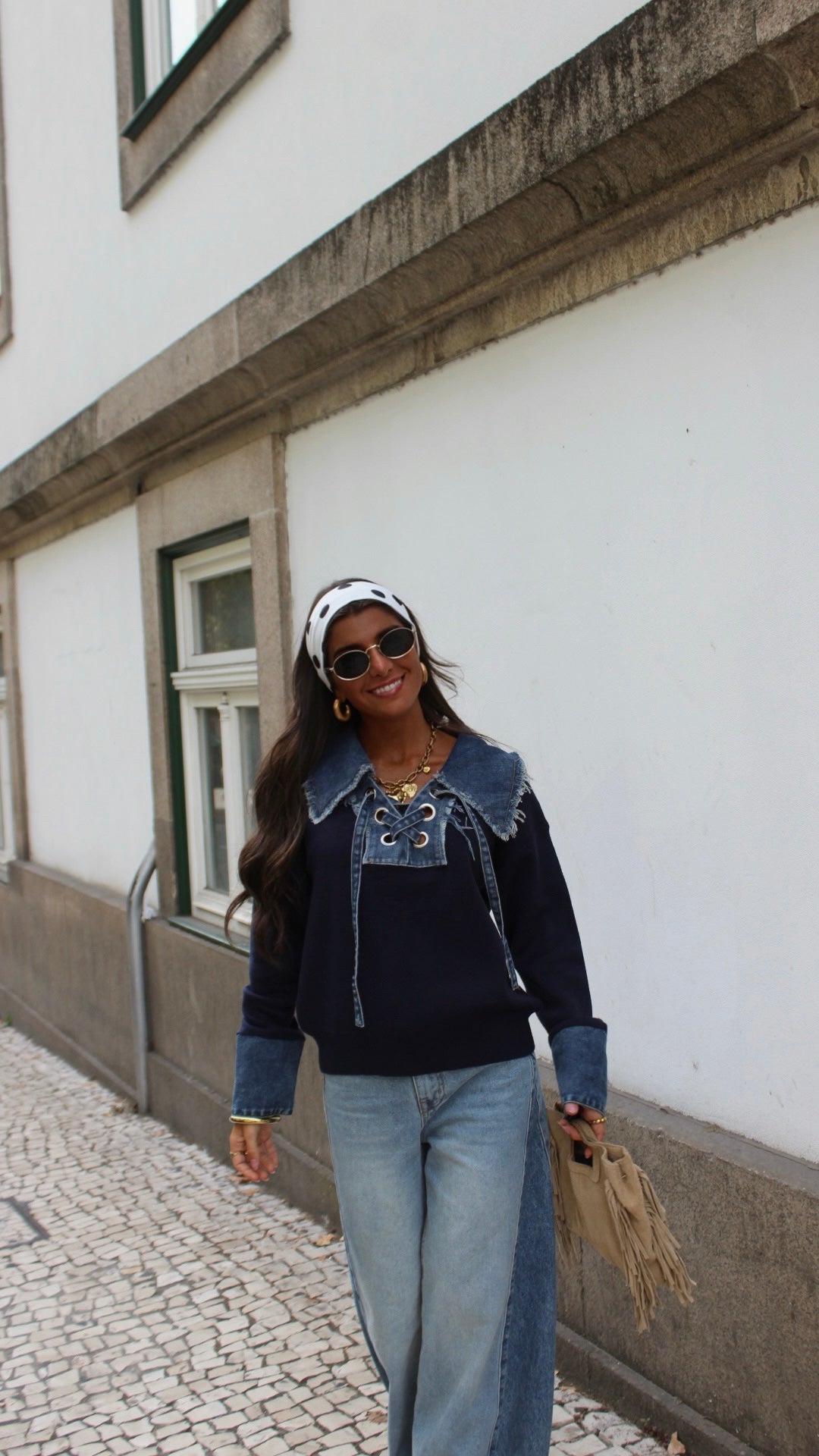 Lace-Up Knit & Denim Contrast Sweater in Navy