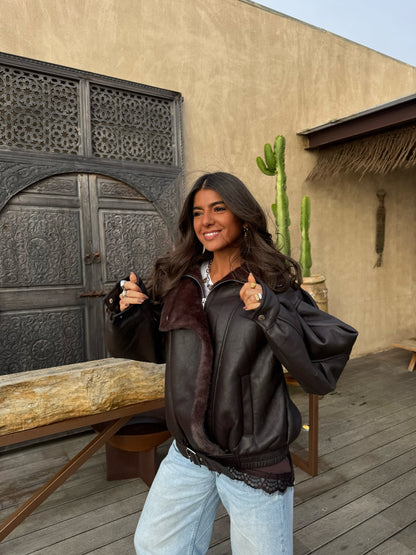 Chocolate Faux Fur Lined Aviator Jacket