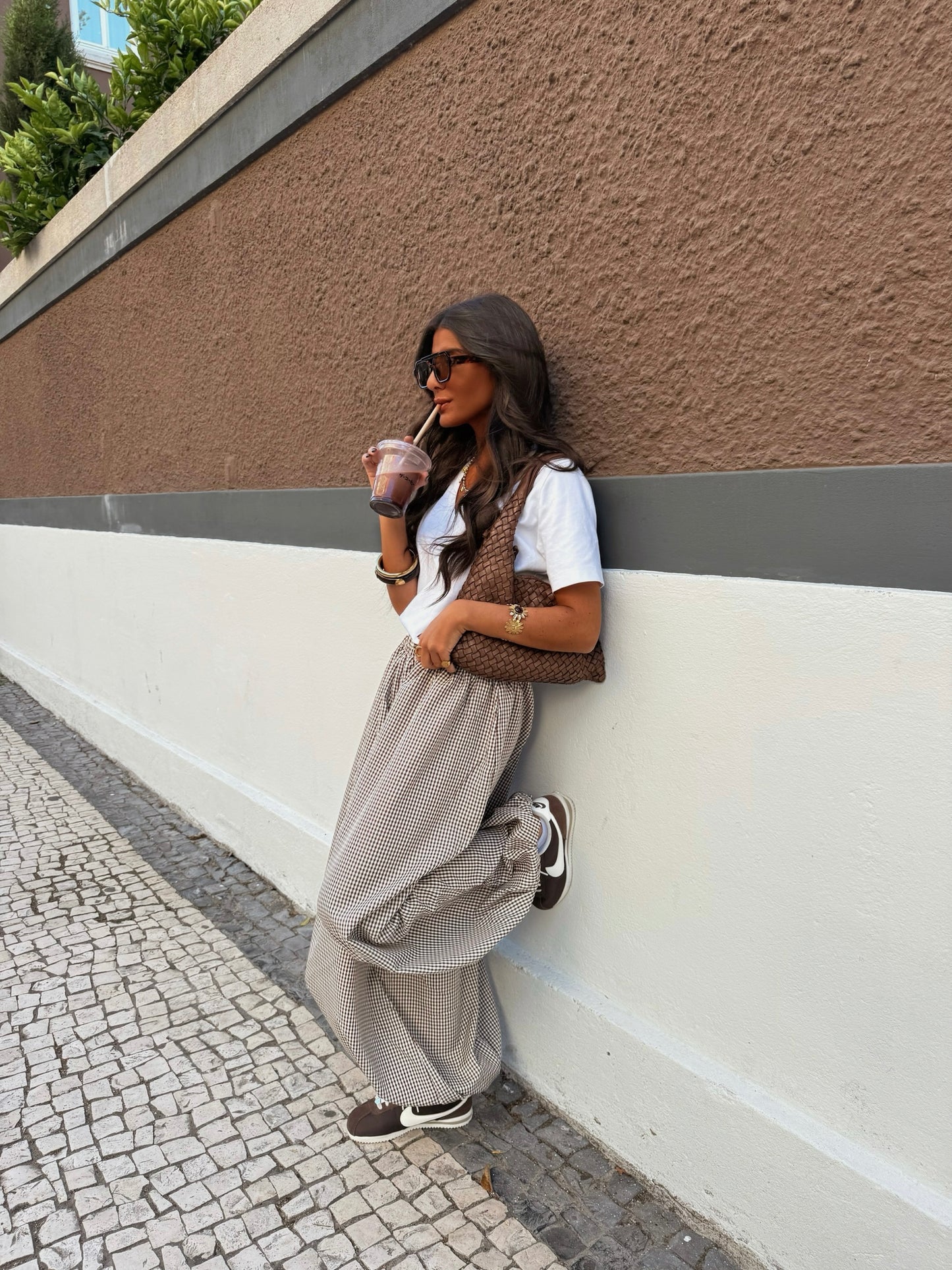 Brown Vichy Balloon Pants