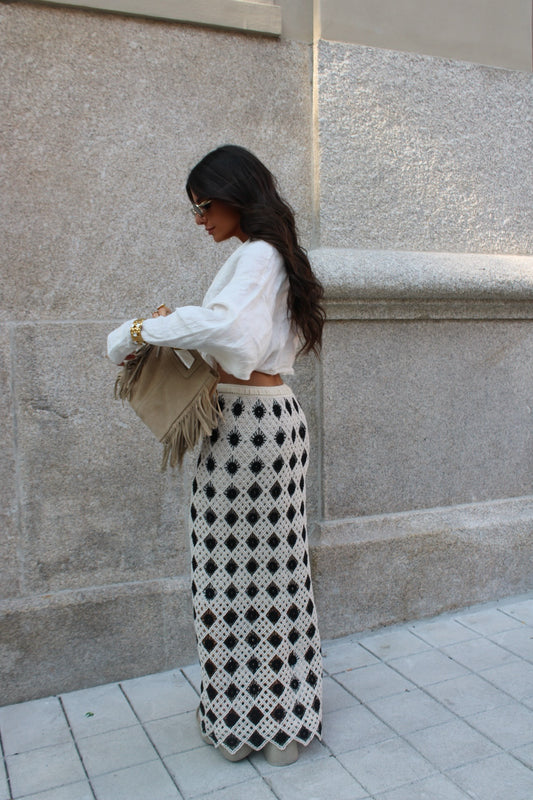 Two-Tone Crochet Maxi Skirt: Beige and Black