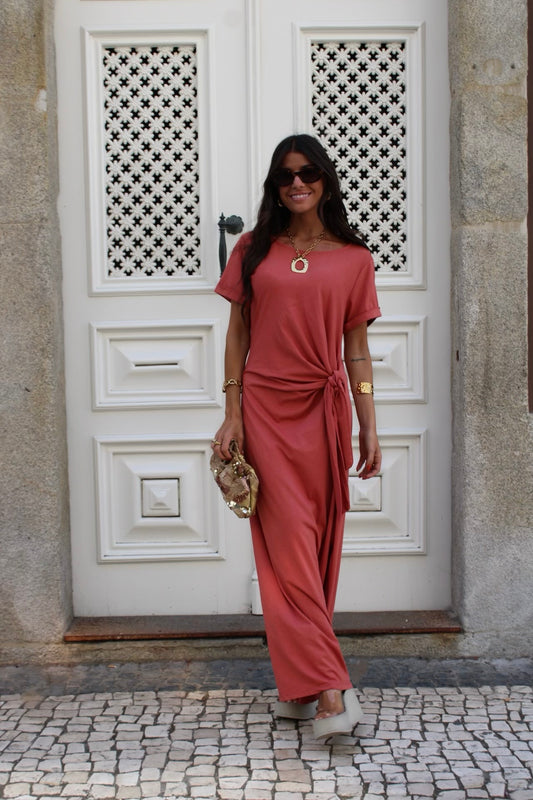Long Dress with Side Knot in Terracotta