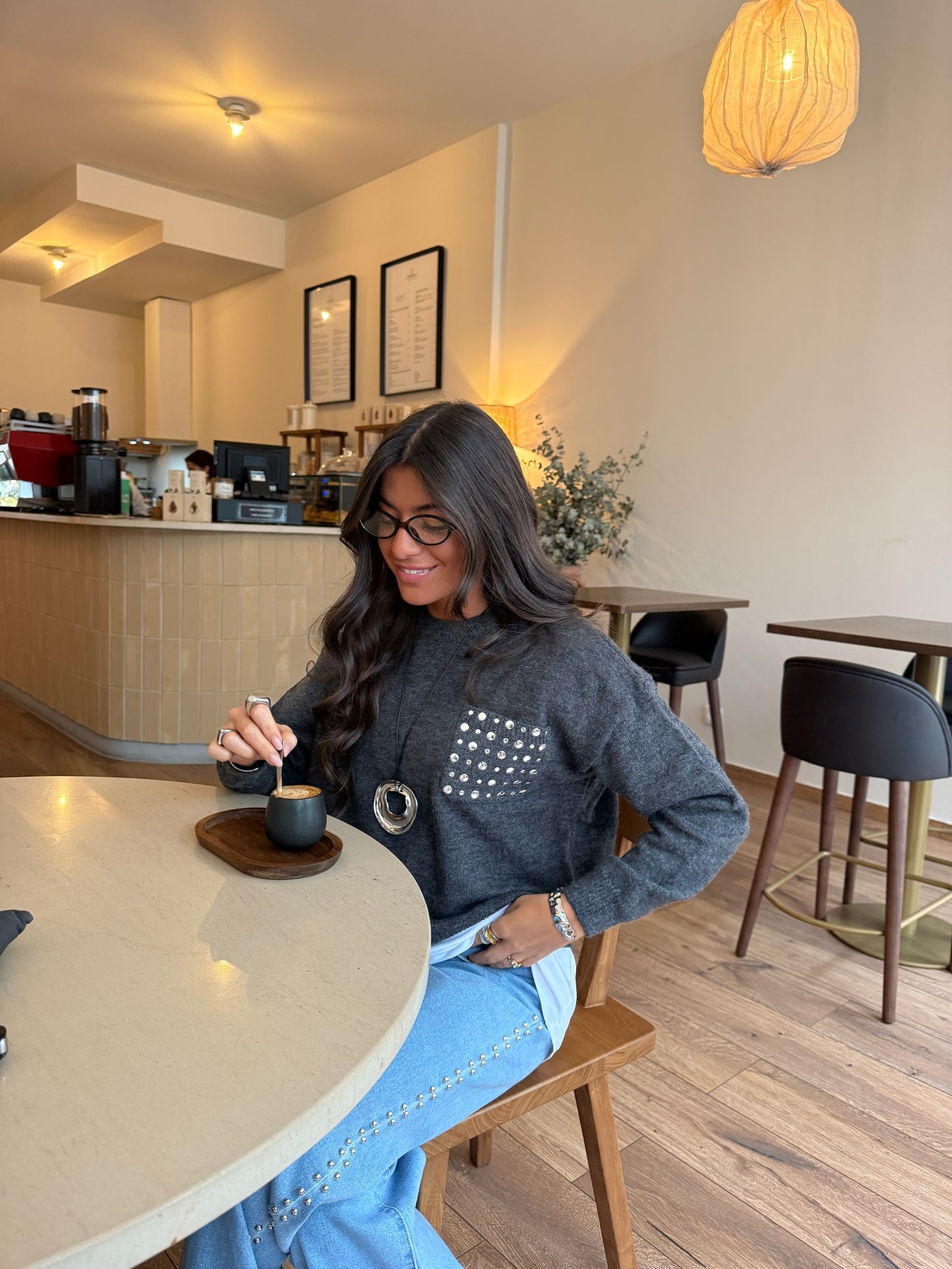 Dark Grey Stud-Detail Knit Sweater