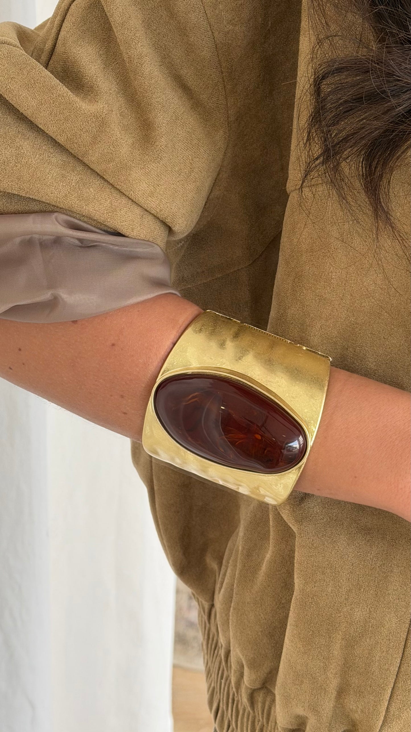 Gold Cuff Bracelet with Amber Stone