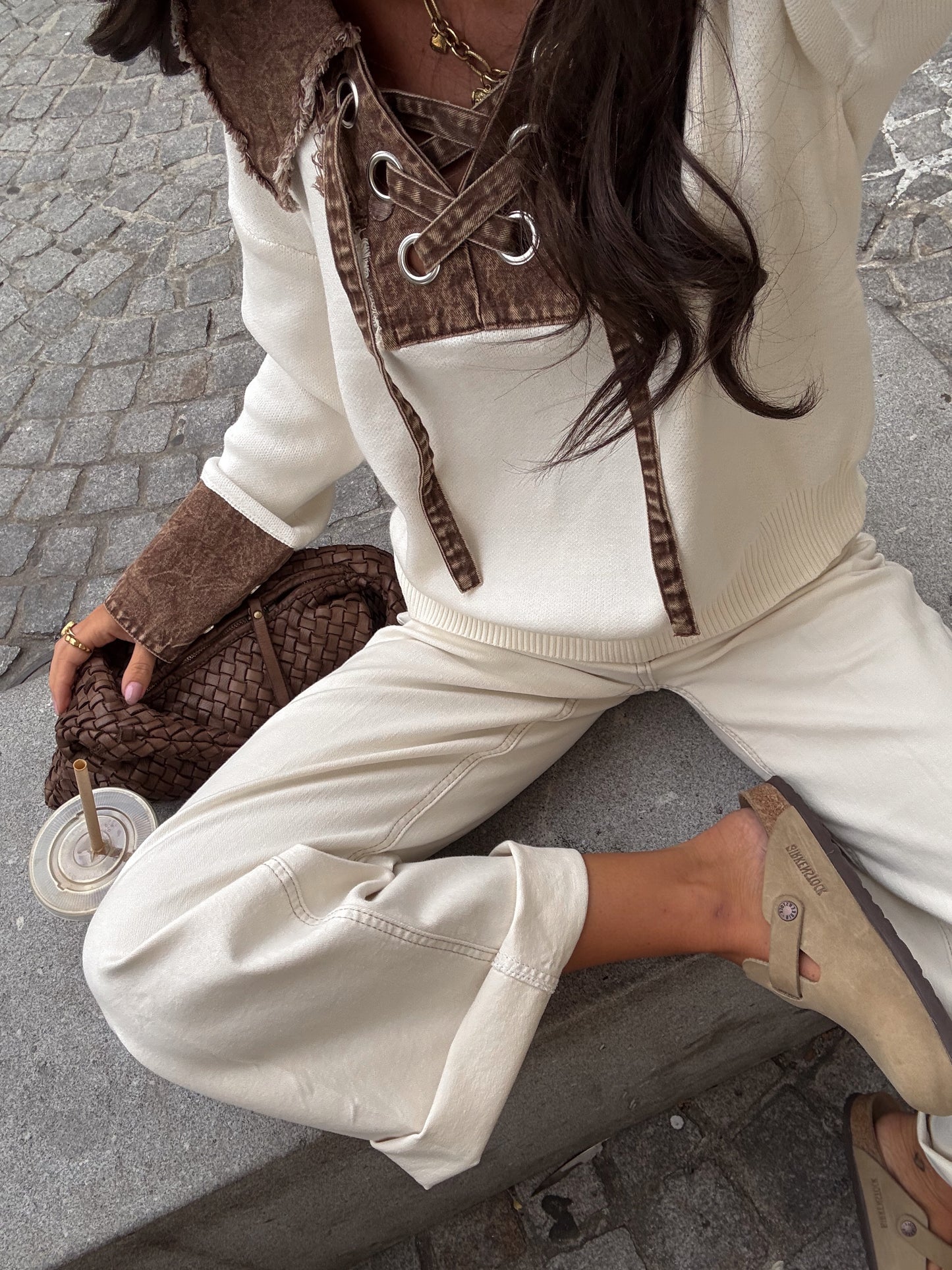 Lace-Up Knit & Denim Contrast Sweater in White & Brown