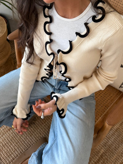 Cream Contrast Trim Cardigan