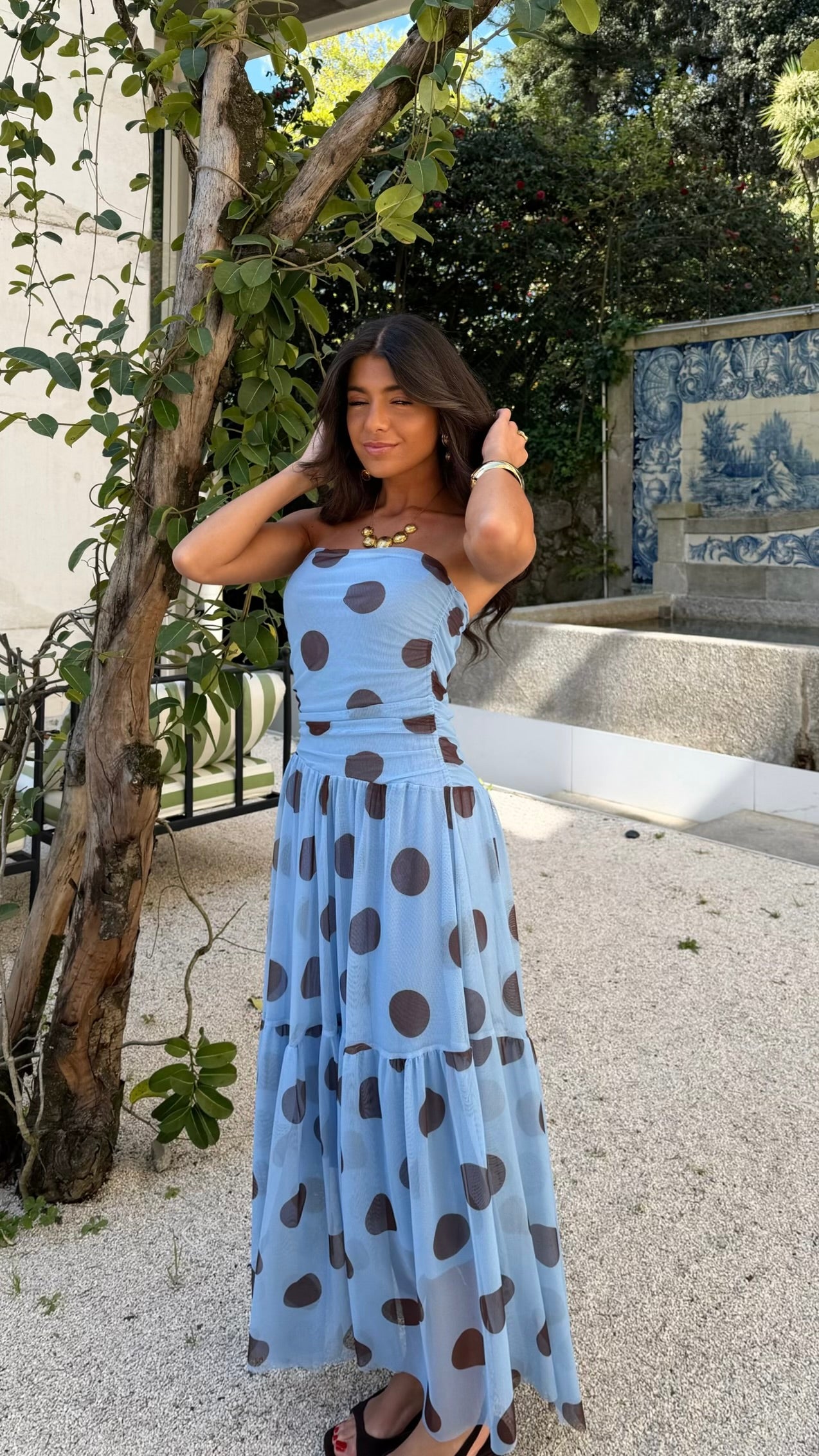 Polka Dot Maxi Dress in Blue & Brown