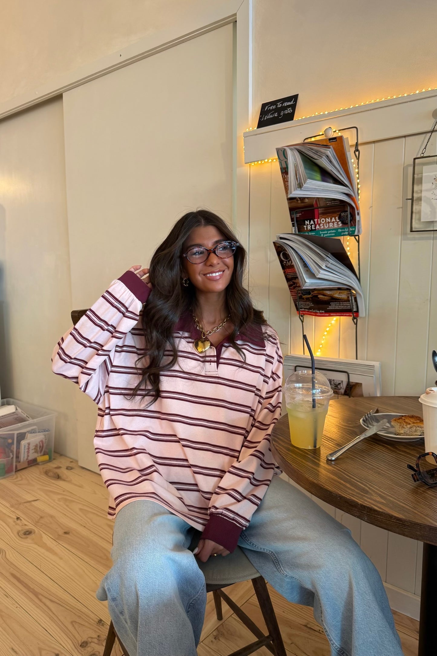 Rose & Burgundy Striped Polo Sweater