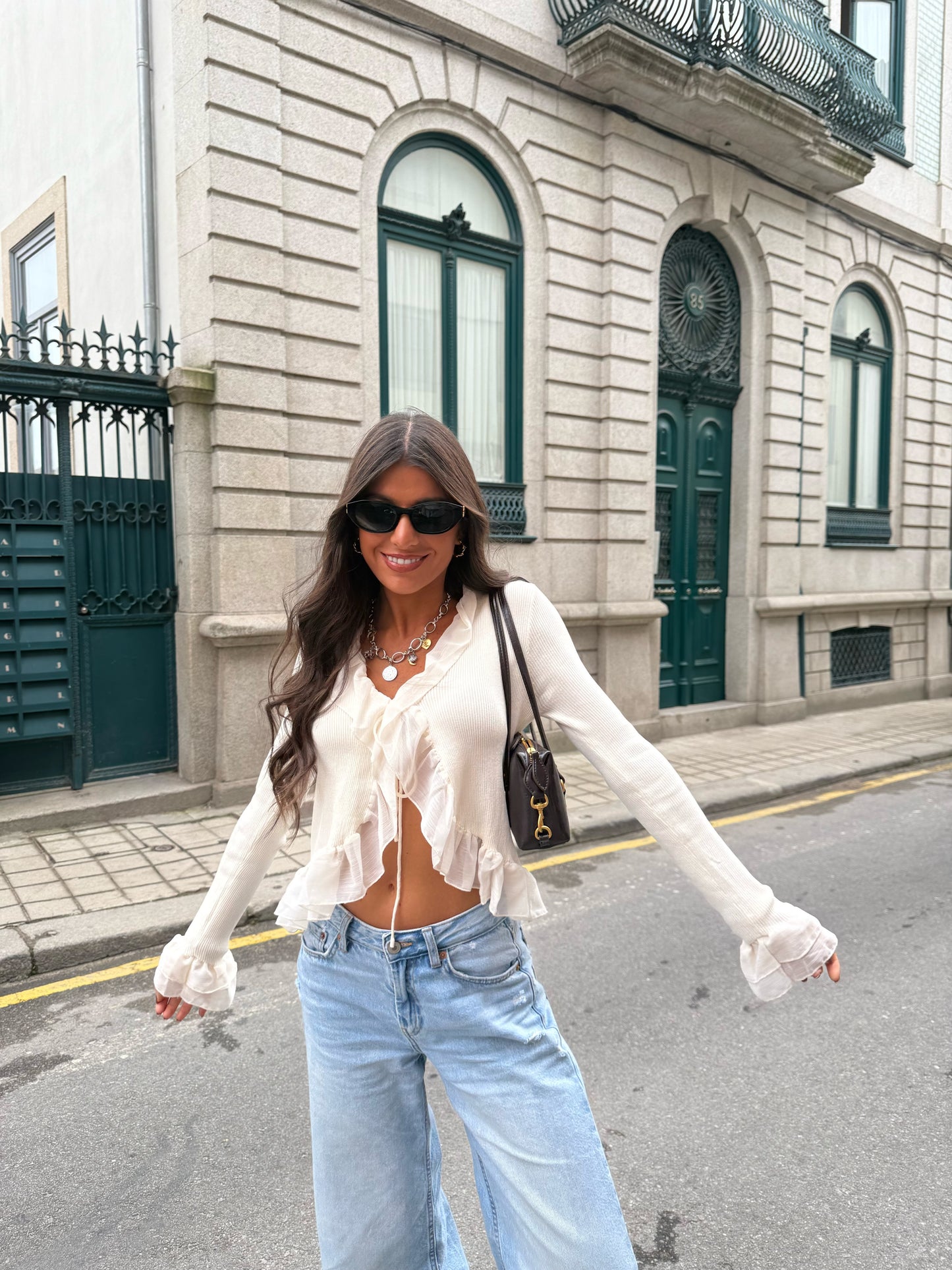 Pearl Ruffle Trim Ribbed Blouse