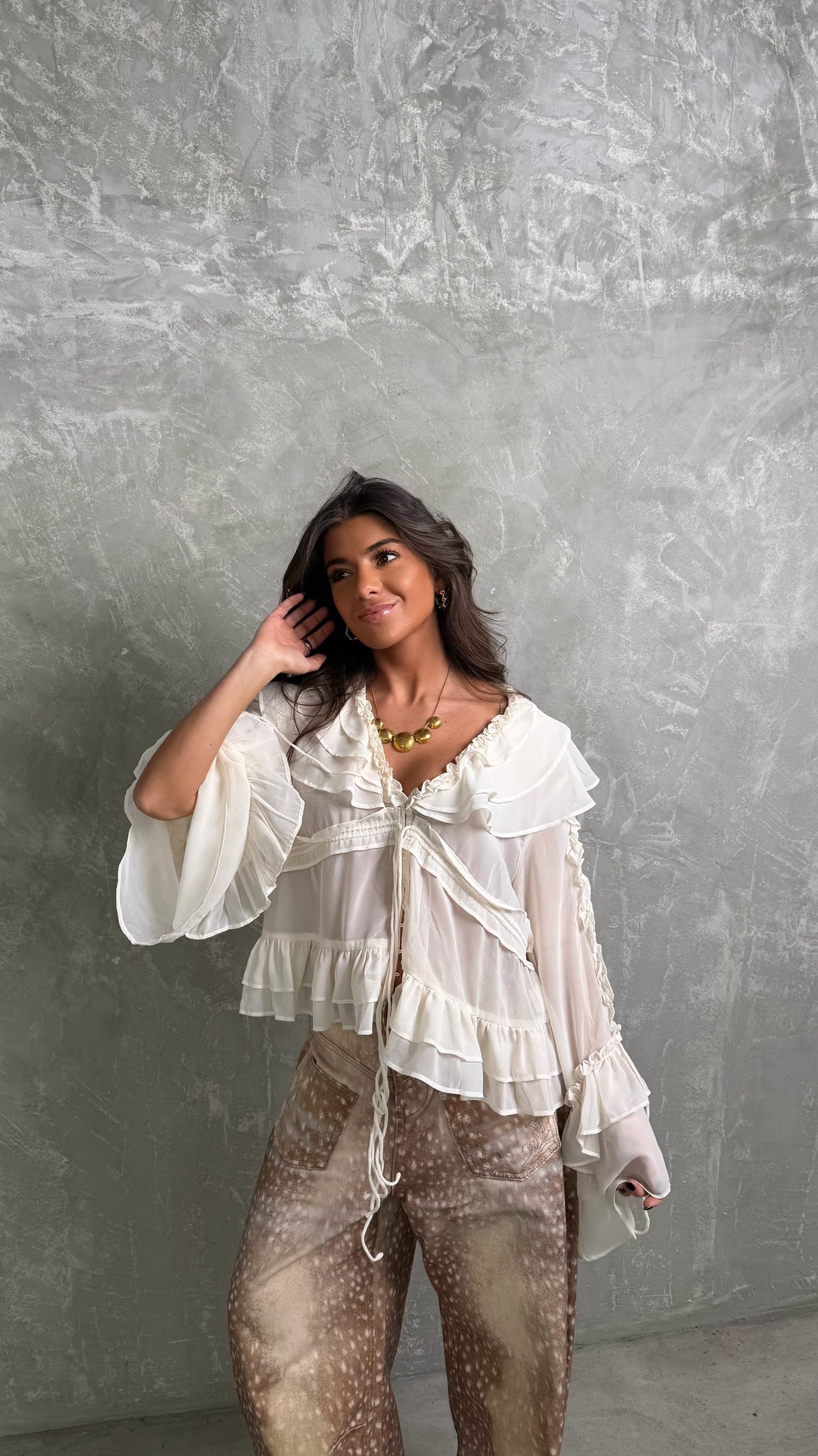 Off White Sheer Ruffle Blouse