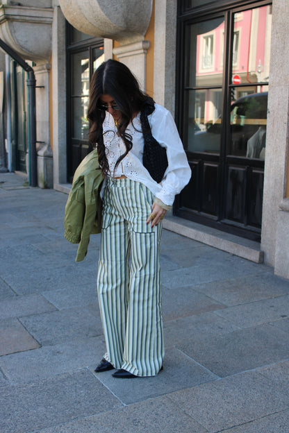 Green Striped Jeans with Front Pockets
