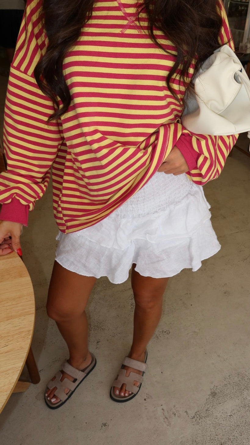 White Linen Elastic Waist Skort