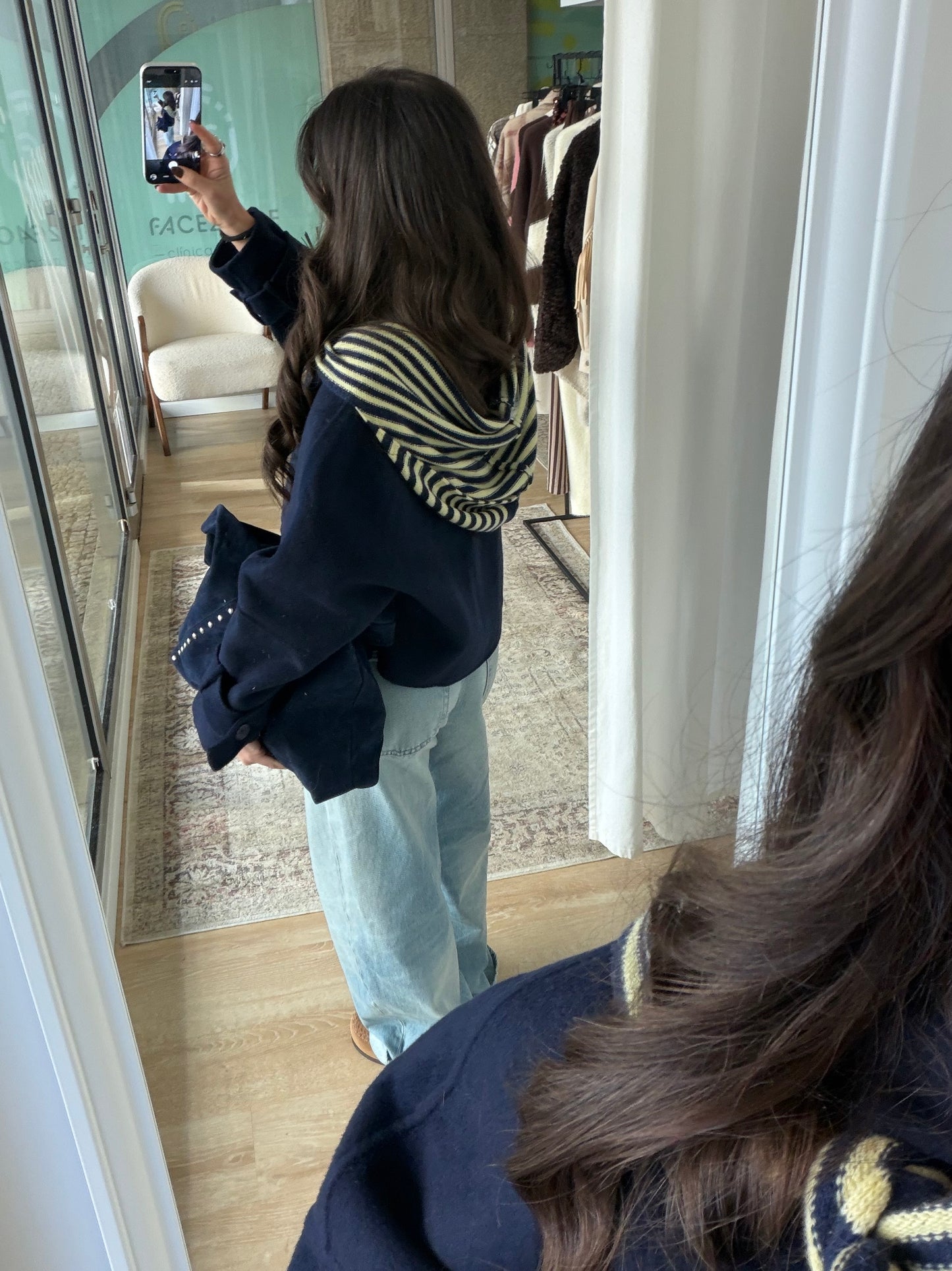 Striped Hooded Knit Scarf in Navy & Butter Yellow